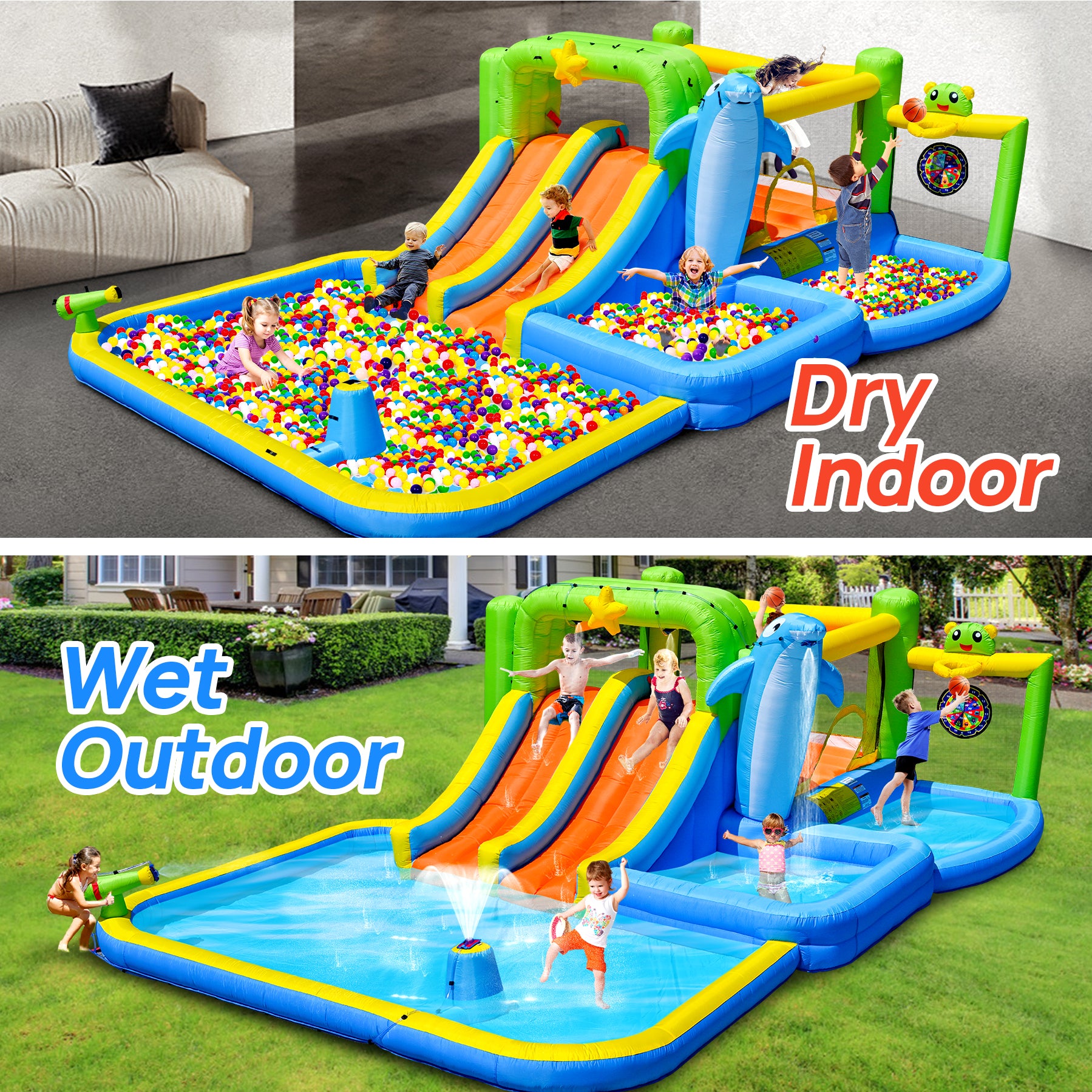 9 In 1 For Endless Fun Inflatable Bounce House With Blower Shower Soak Pool Sprinkler Fountain Water Target For Kids Multicolor Oxford Fabric