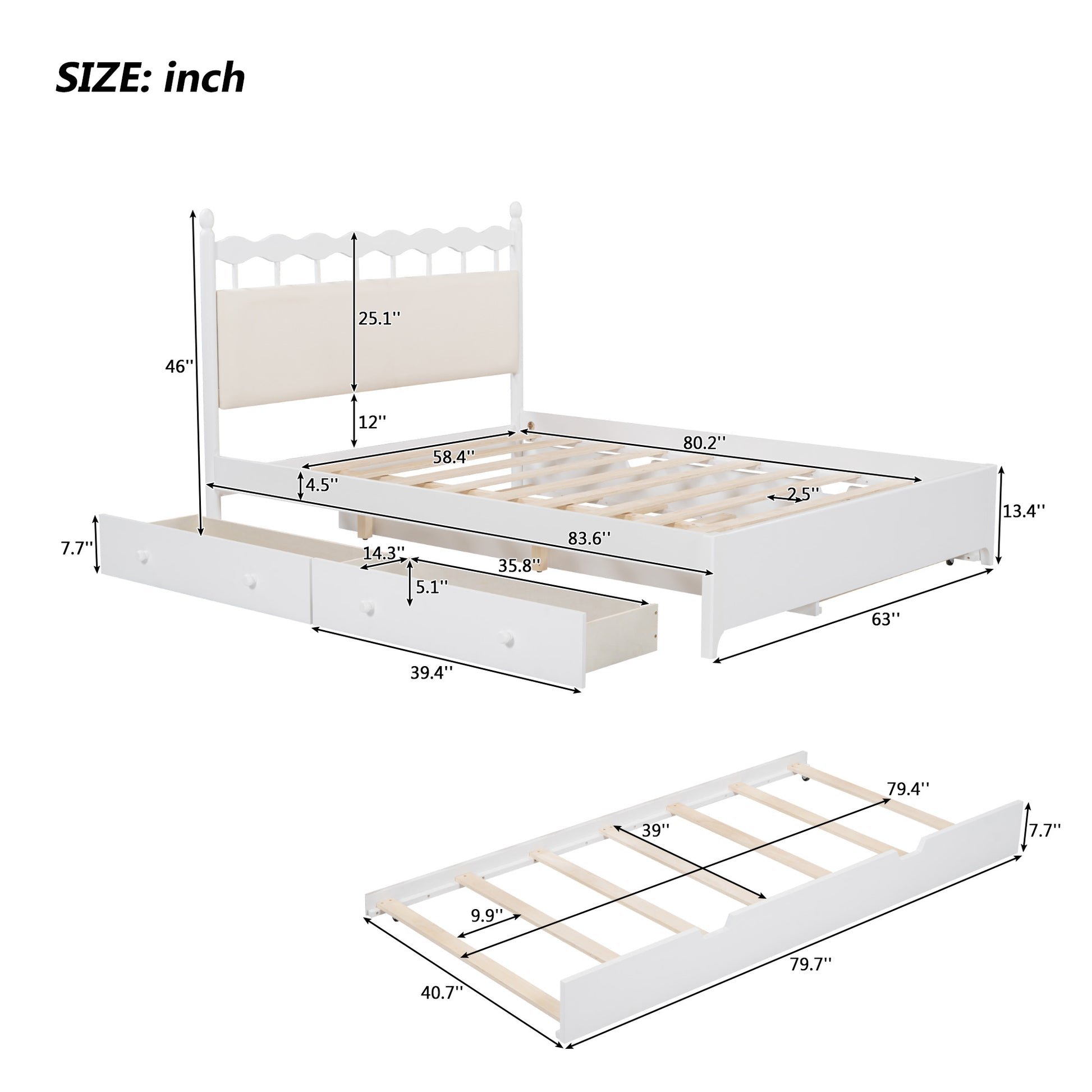 Queen Size Wooden Storage Platform Bed, With 2 Big Drawers, T Size Trundle, White Queen White Plywood