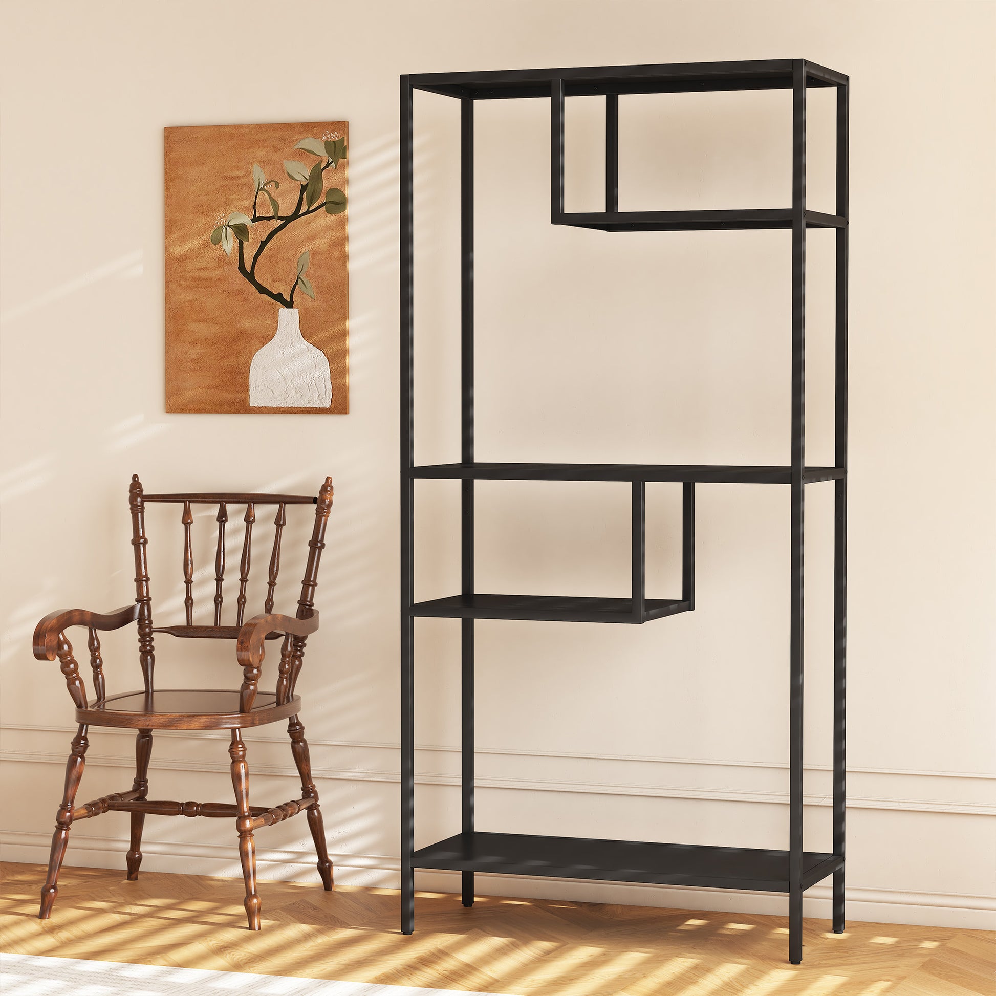 Modern Storage Shelf With 4 Compartments & Metal Legs, Freestanding Organizer,Book Shelves Display Shelves For Living Room, Bedroom, Home Office 4 Black Standard Primary Living Space Open Back Metal