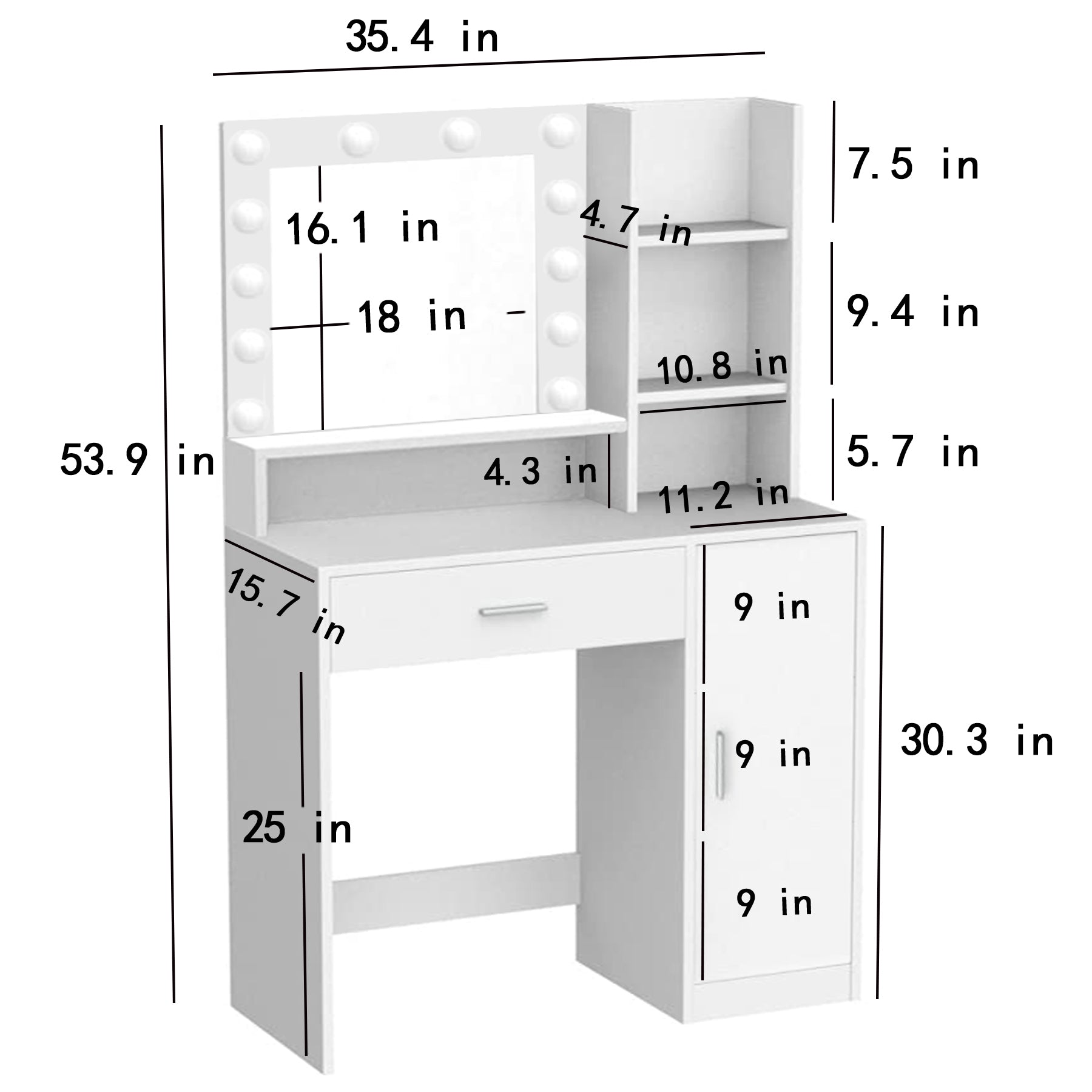Vanity Desk With Mirror & Light, Large Drawer Three Level Storage Dresser, 3 Lighting Modes Adjustable Brightness, Bedroom Dressing Table White White Particle Board