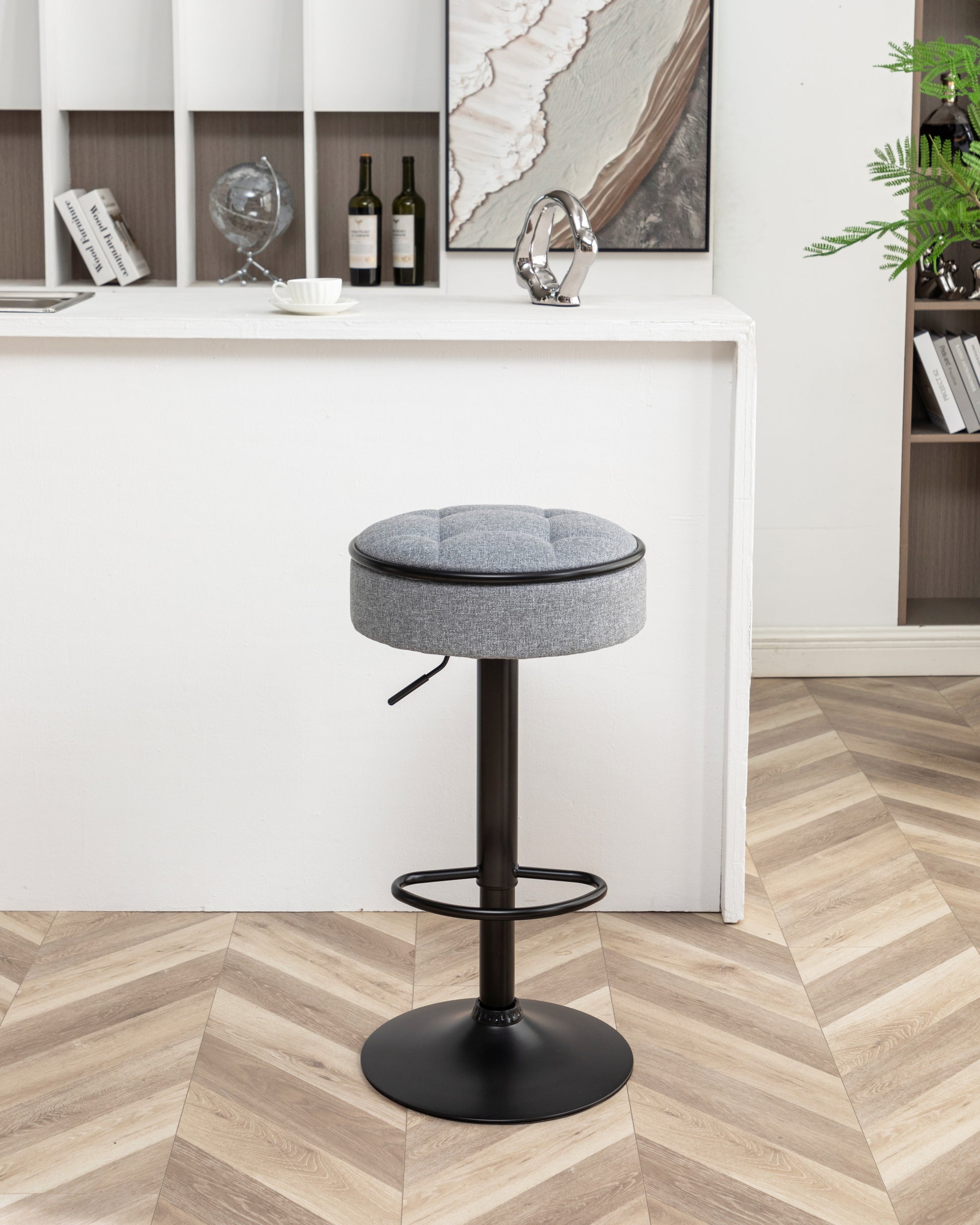 Round Storage Bar Stool Set Of 2, Grey Linen Height Adjustable Barstool, 360 Counter Height Swivel Stool, Armless Bar Chair With Metal Frame For Kitchen Counter Dining Living Room Grey Set Of 2 Foam Linen