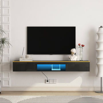Floating Tv Stand Wall Mounted With 16 Color Leds,69" Modern Tv Stand, Floating Tv Cabinet Entertainment Center For 55 60 65 Inch Tv,Black Black 60 69 Inches Mdf