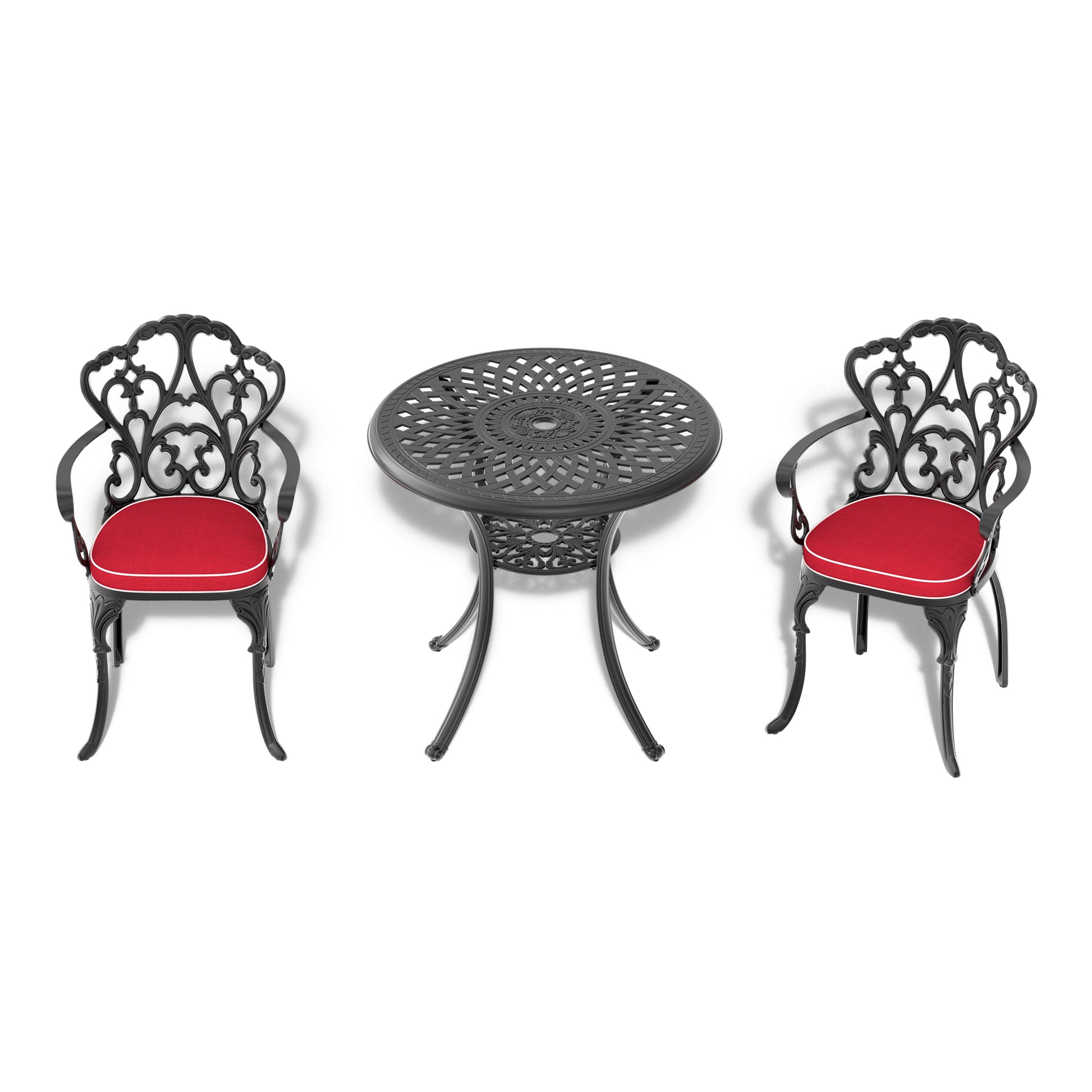 Cushions In Random Colors 3 Piece Set Of Cast Aluminum Patio Furniture With Cushions Yes Dining Set Black Seats 2 Rust Resistant Frame Water Resistant Cushion Garden & Outdoor Complete Patio Sets Aluminium