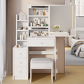 Small Space Left Bedside Cabinet Vanity Table Cushioned Stool, Extra Large Right Sliding Mirror, Multi Layer High Capacity Storage, Practical Fashionable Dresser, Suitable For Girls Up To 5.6Ft Tall