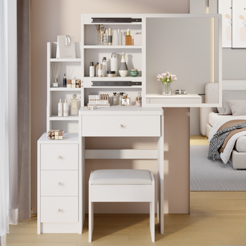 Small Space Left Bedside Cabinet Vanity Table Cushioned Stool, Extra Large Right Sliding Mirror, Multi Layer High Capacity Storage, Practical Fashionable Dresser, Suitable For Girls Up To 5.6Ft Tall