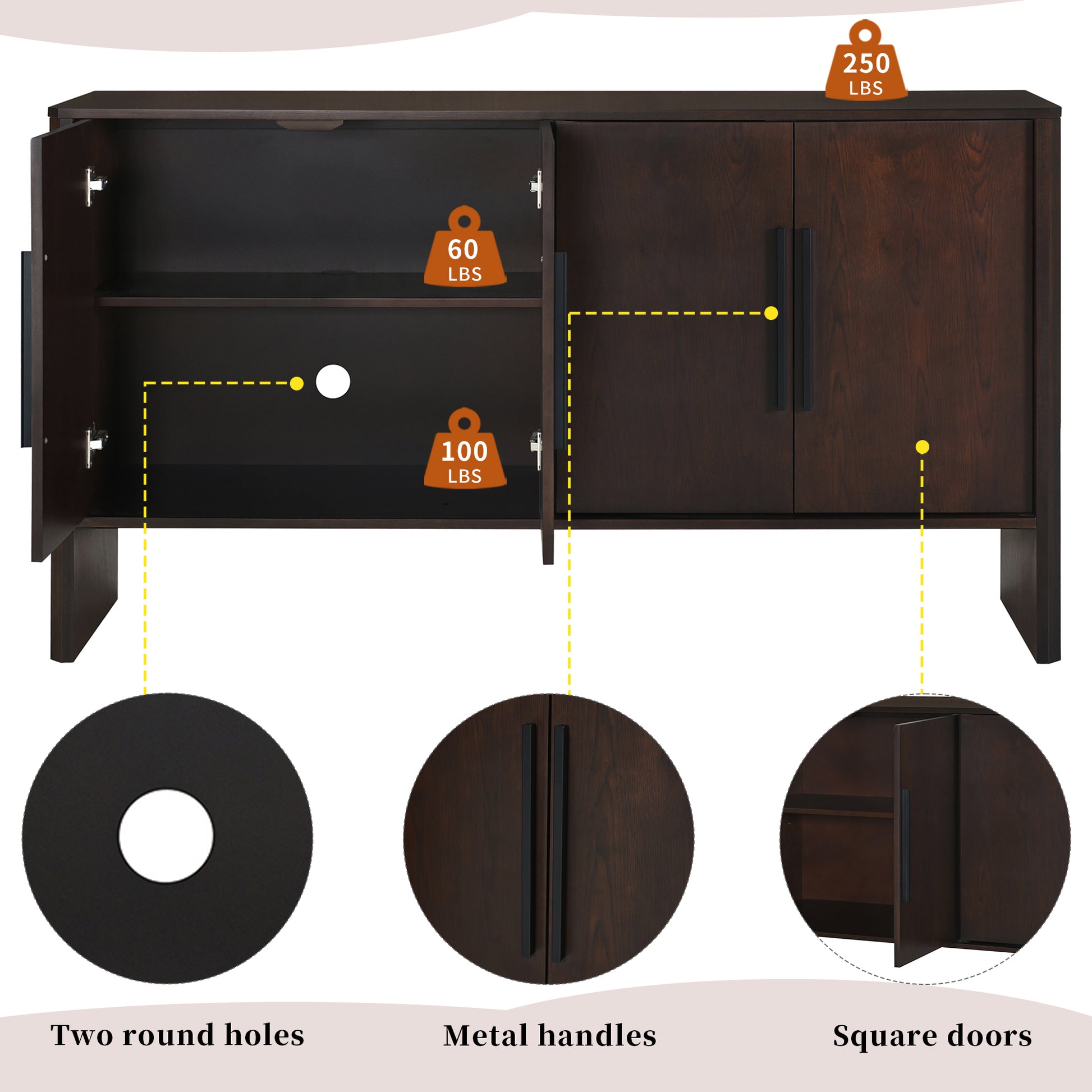 4 Door Large Storage Retro Sideboard With Adjustable Shelves And Long Handles For Kitchen, Dining Room And Living Room Espresso Espresso Mdf