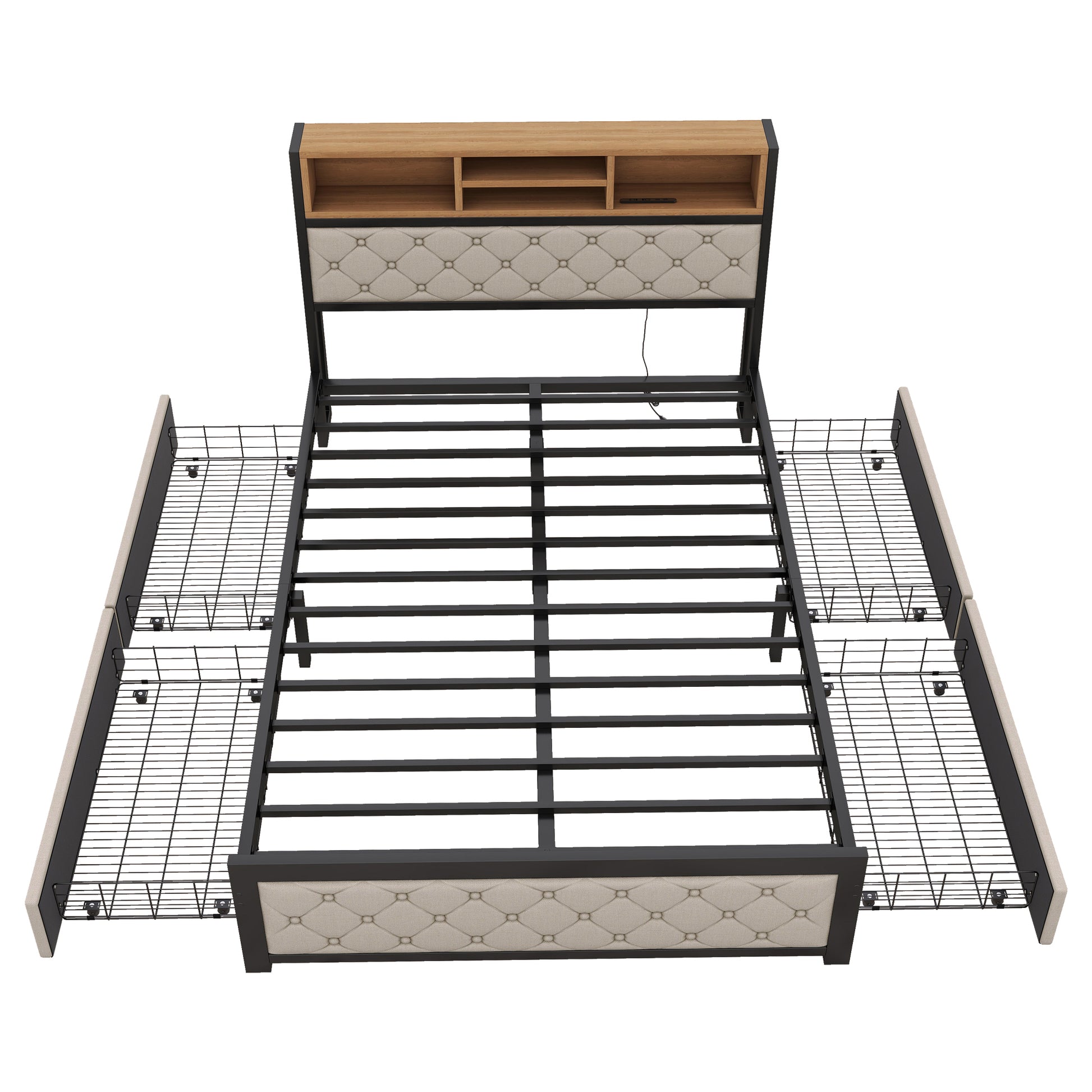 Metal Full Size Platform Bed With 4 Drawers, Upholstered Headboard And Footboard, Sockets And Usb Ports, Beige Full Beige Black Fabric Metal