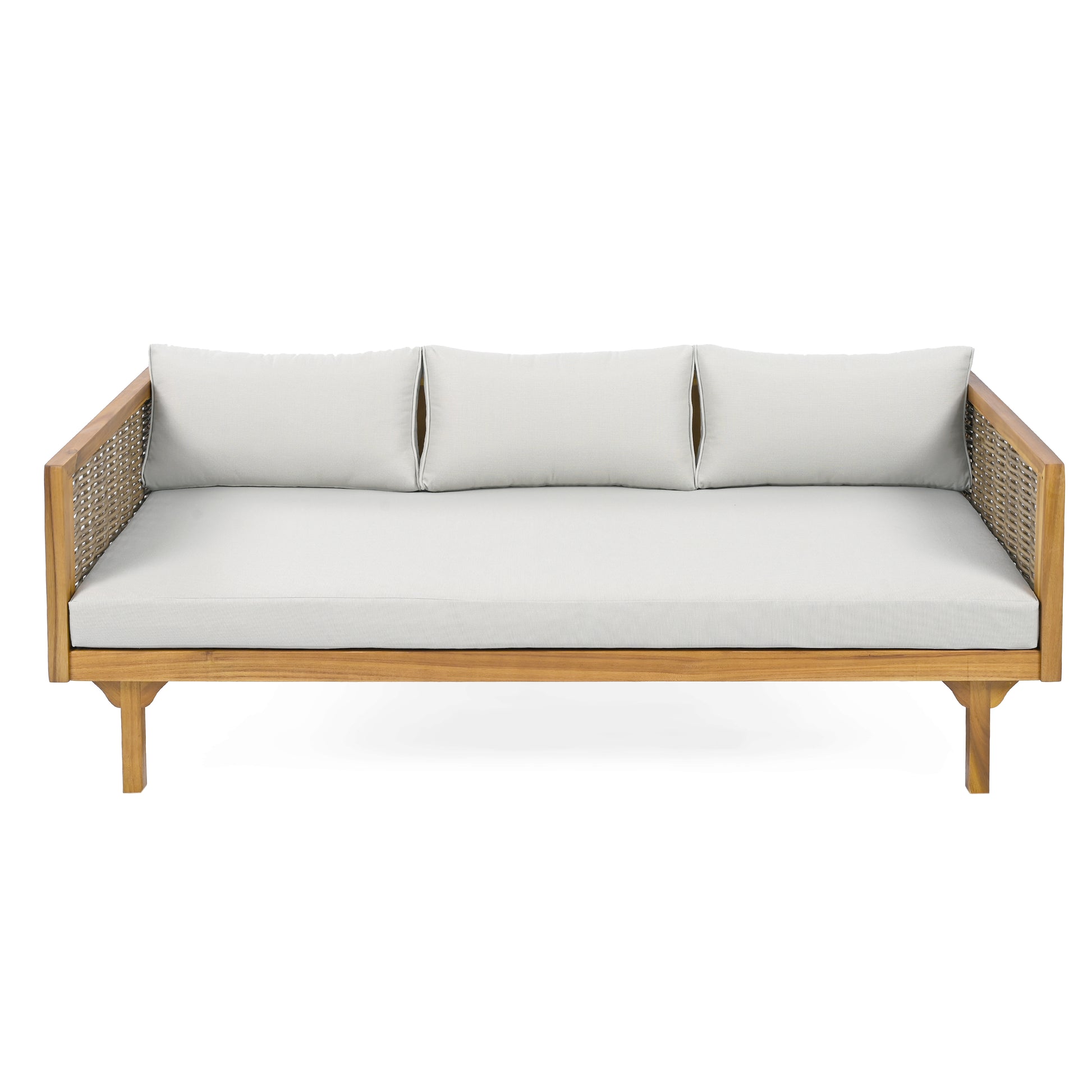 Claremont 3 Seater Daybed With Rattan Arms Light Grey Cushion Teak Wood Fabric Rattan