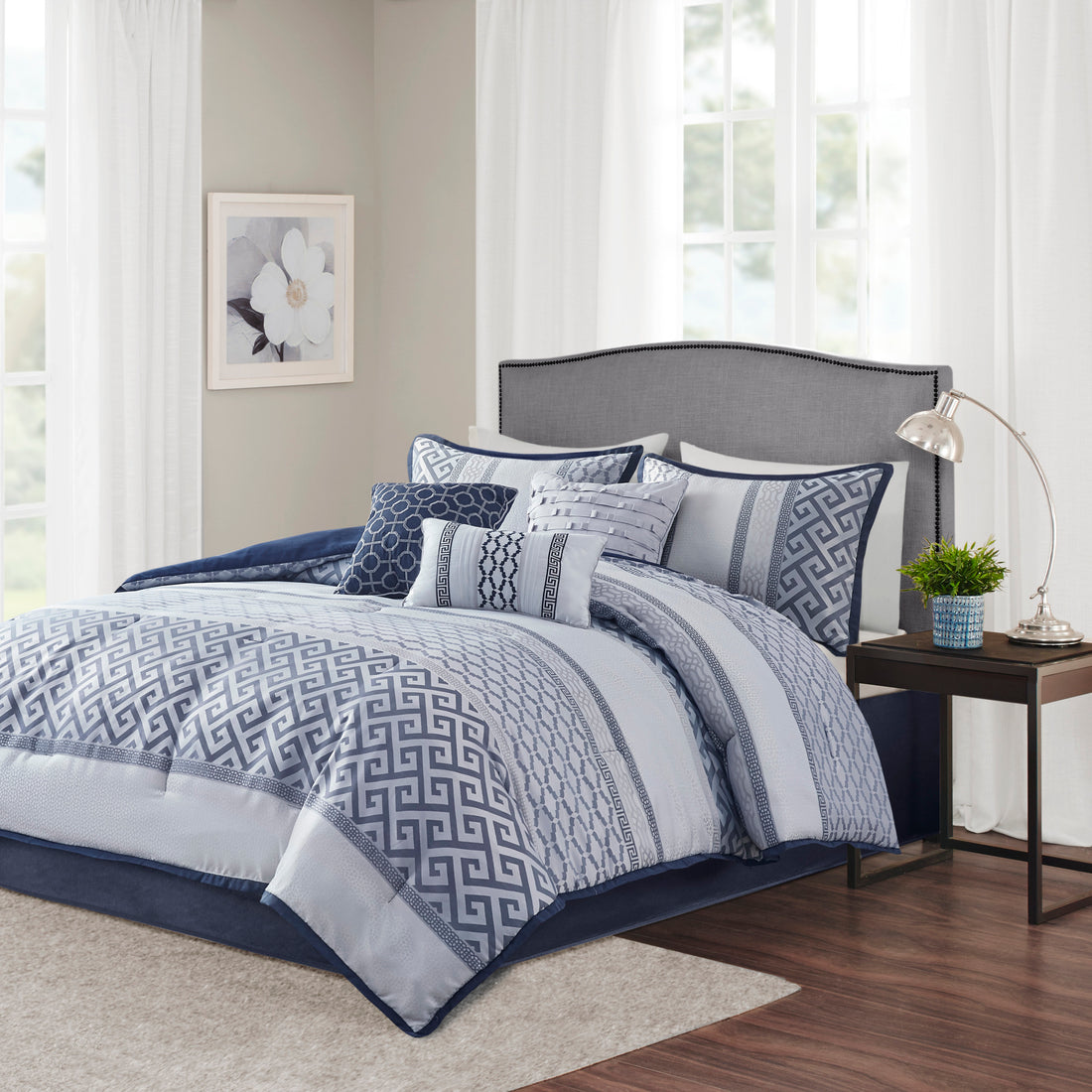 7 Piece Jacquard Comforter Set Navy Cal King California King Navy Polyester