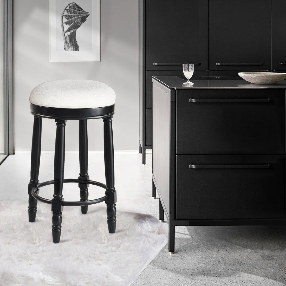 Bar Stools Set Of 2 Black Color, 360 Degree Swivel, Accent Wooden Swivel Seat Counter Height Bar Stool,White Cushion Seat, Barstool Perfect For Dining And Living Room Height 26" Cushion Solid White