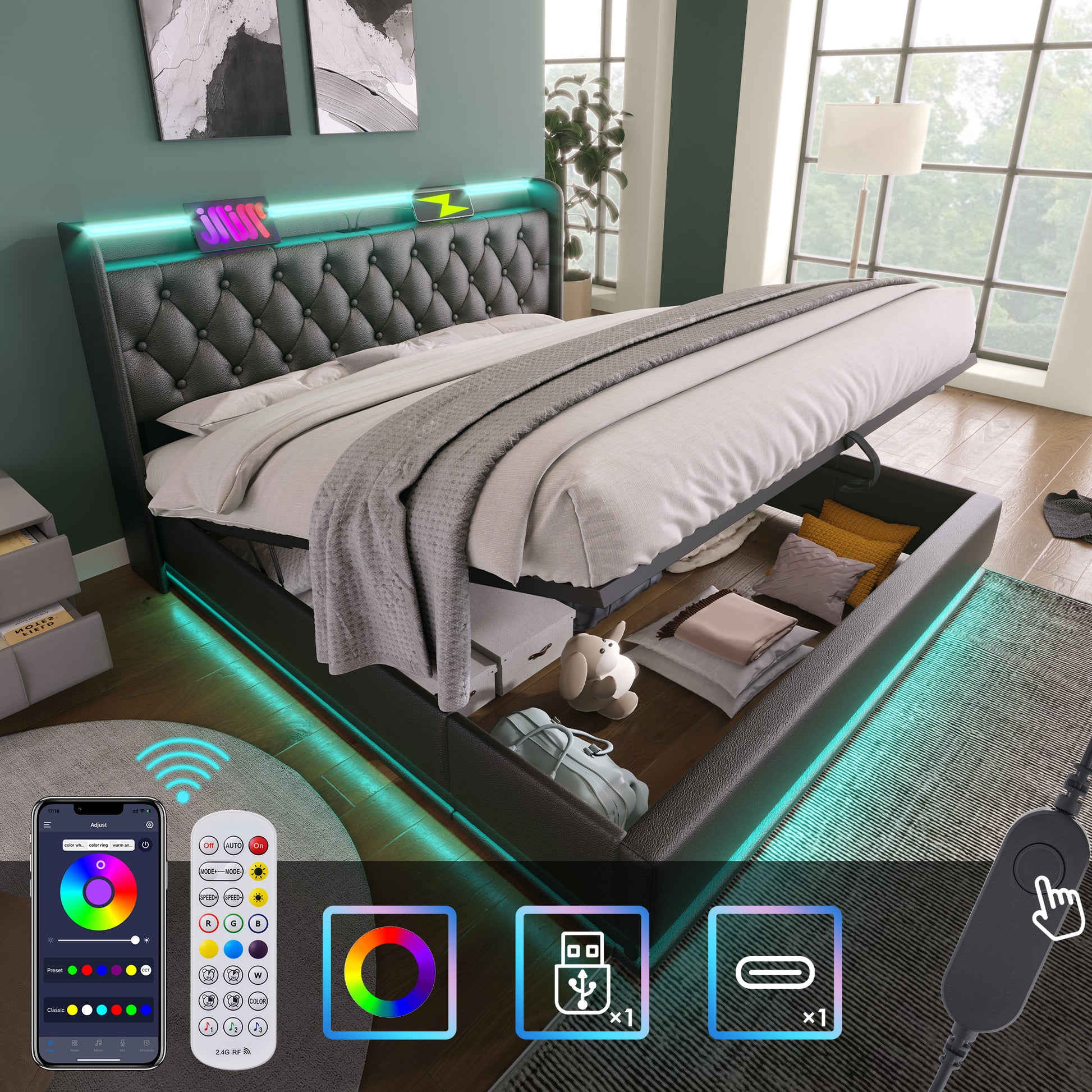 Full Size Upholstered Bed, 360 Surround Led Function, Buttons Apps Remote Control, Hydraulic Storage Bed With Usb Type C Charging, Black,Pu Without Mattress Full Black Pu