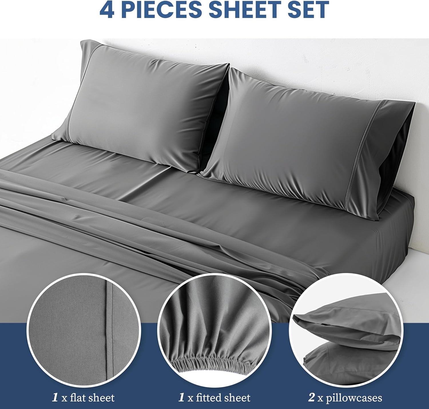 Queen Size 4 Piece Sheet, Lightweight Super Soft Easy Care Microfiber Comfycooling Bedding Sheets With Deep Pocket, Shrinkage And Fade Resistant, Hotel Luxury, Grey Grey Microfiber