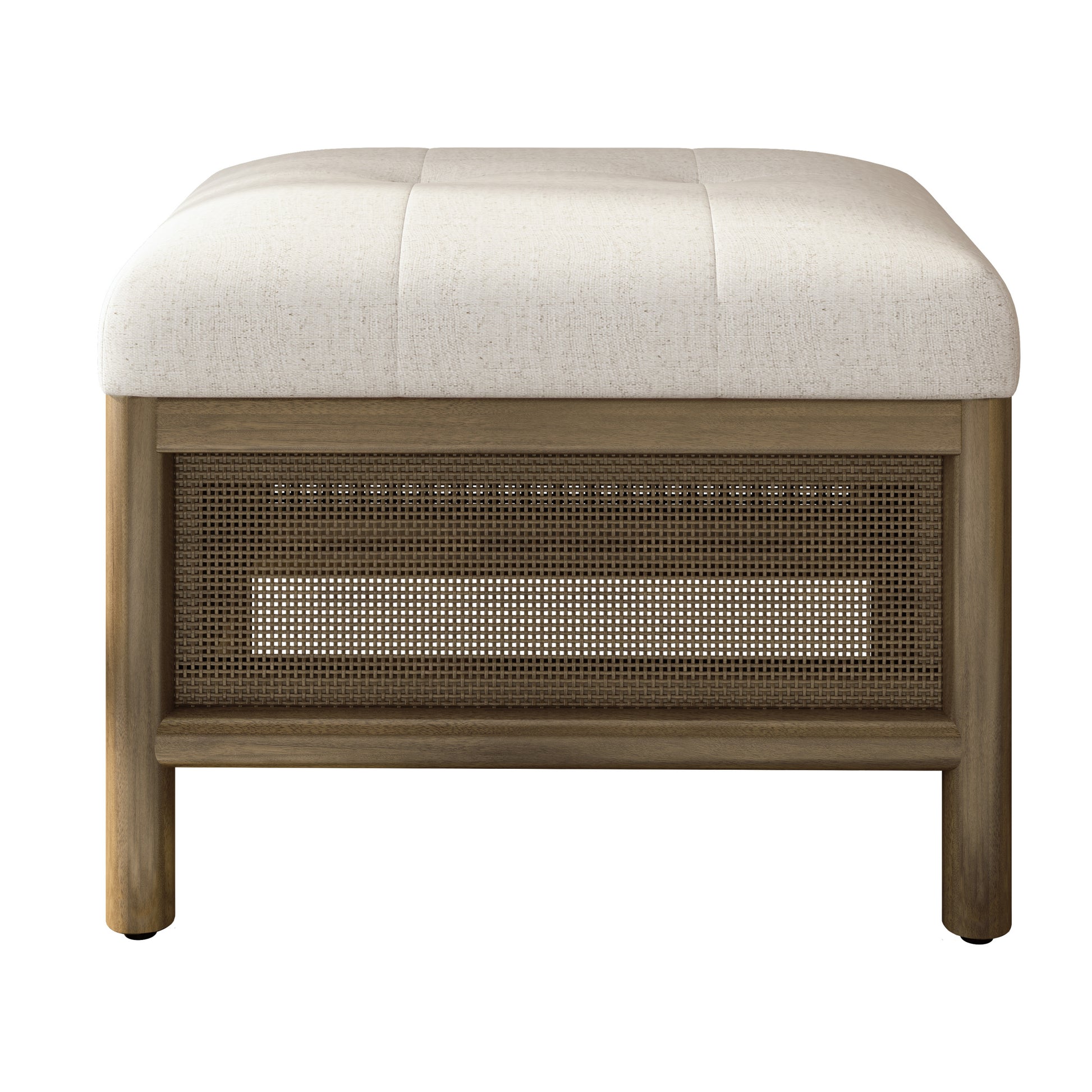 Cane Base Ottoman Dark Walnut Cream 21.5"*16"*17" White Deep Walnut Wood Soft American Traditional Hickory Wood Rectangle Wood Fabric