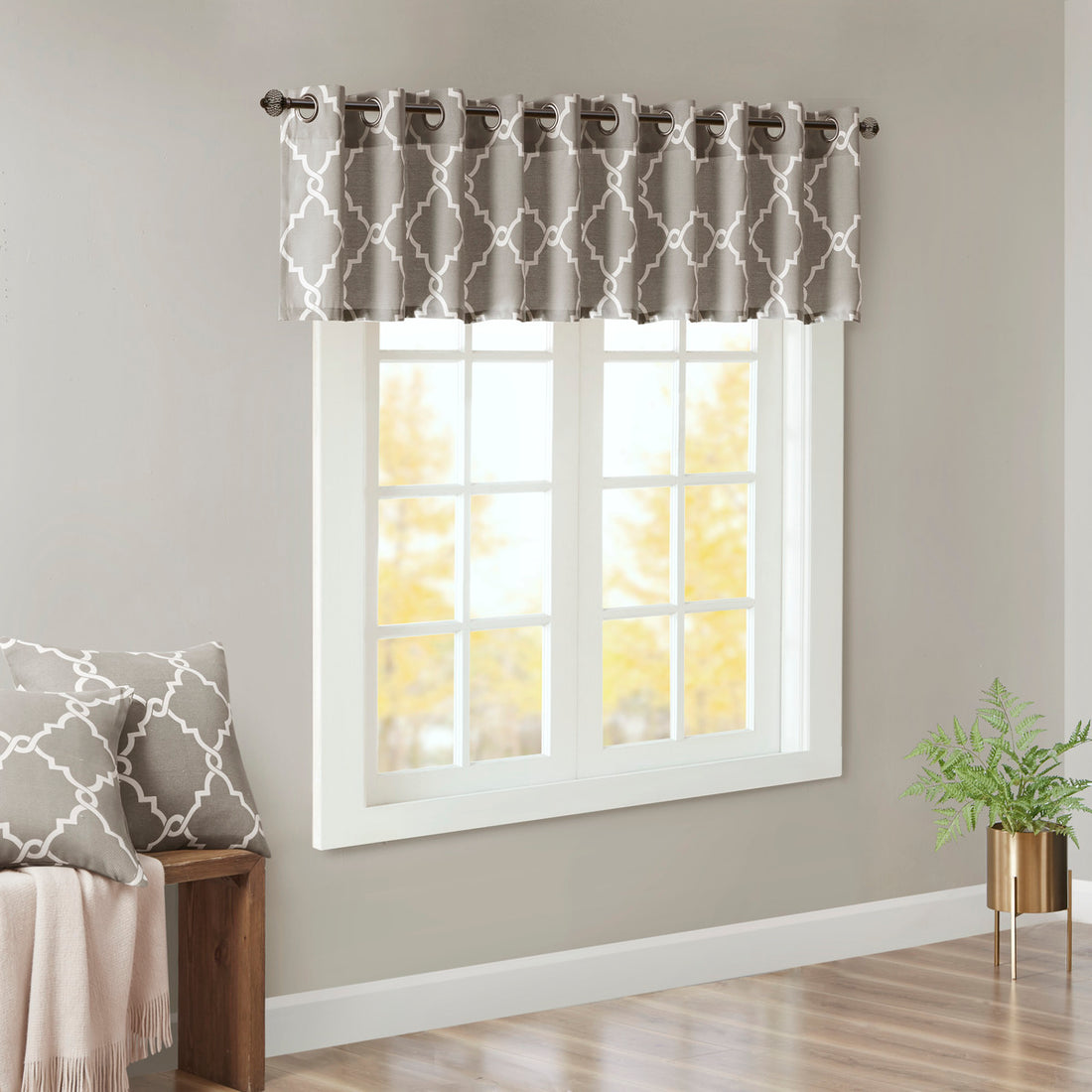 Fretwork Print Grommet Top Window Valance Grey White 50X18" Grey White Polyester