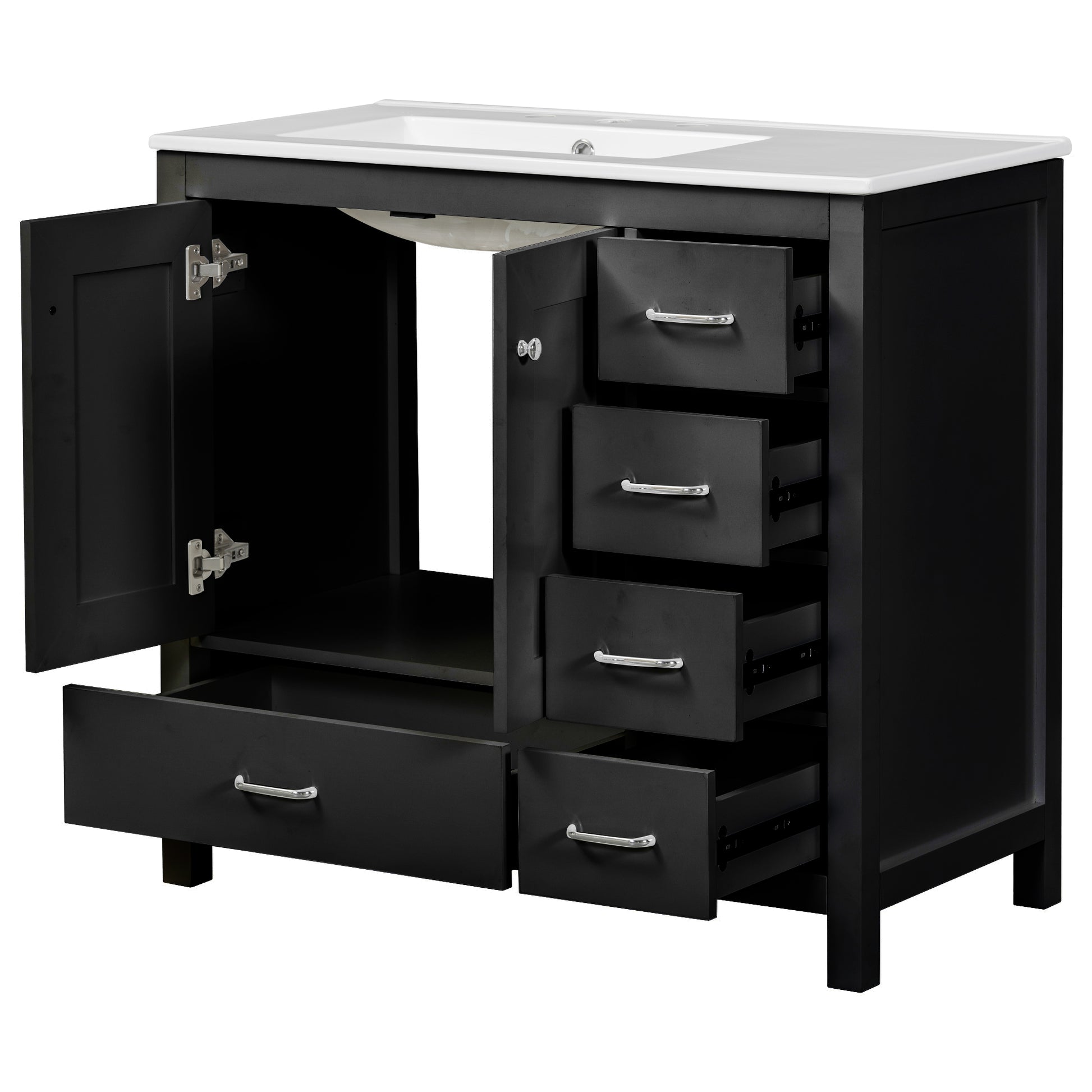36" Black Bathroom Vanity With Ceramic Sink Combo, Abundant Storage Cabinet 2 Soft Close Doors And 5 Drawers Black Bathroom Solid Wood Mdf