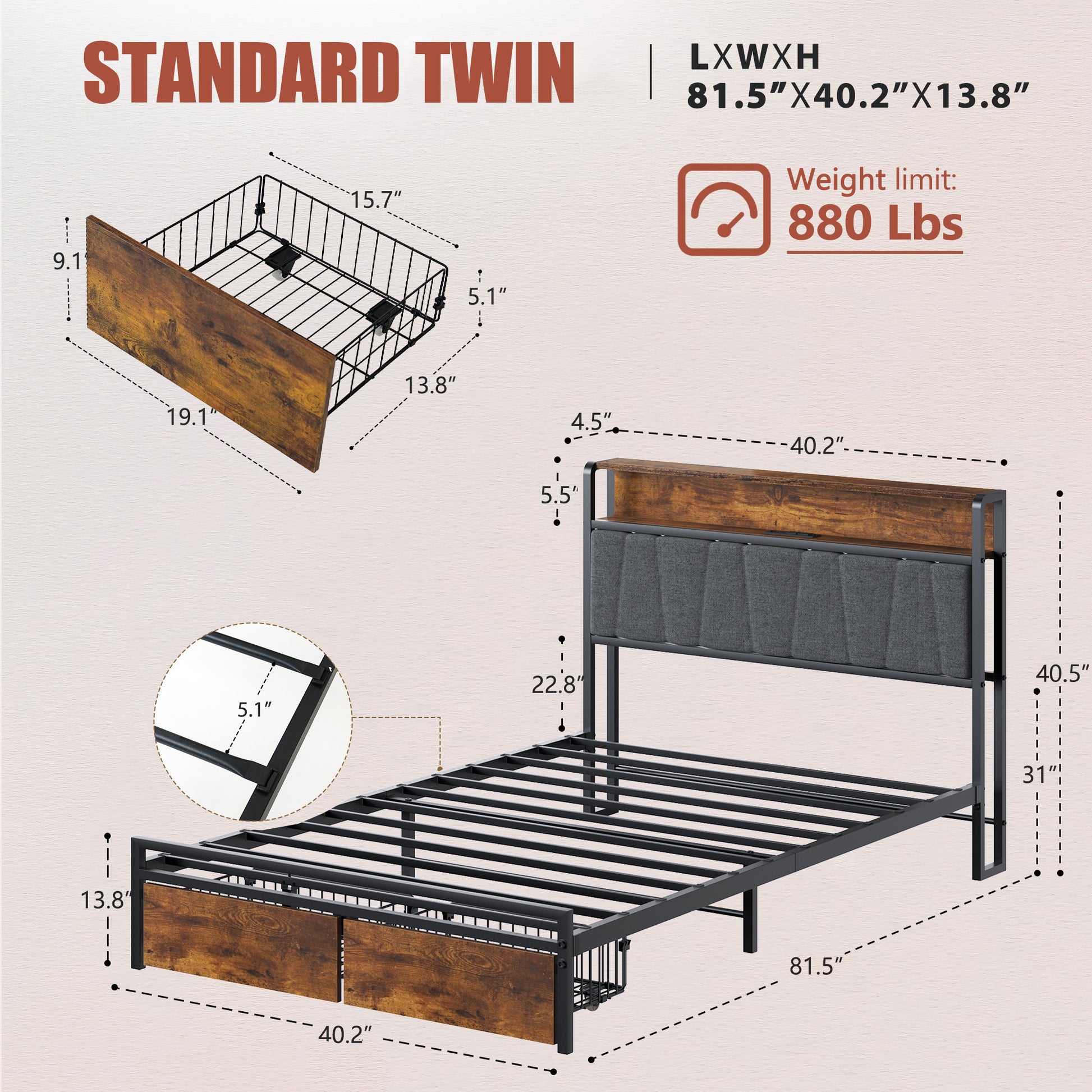 Twin Size Bed Frame Upholstered Platform Bed Frame With Storage Drawers, Usb Ports, Led Lights, Upholstered Wingback Headboard, Rustic Brown Box Spring Not Required Twin Antique Black Metal Brown