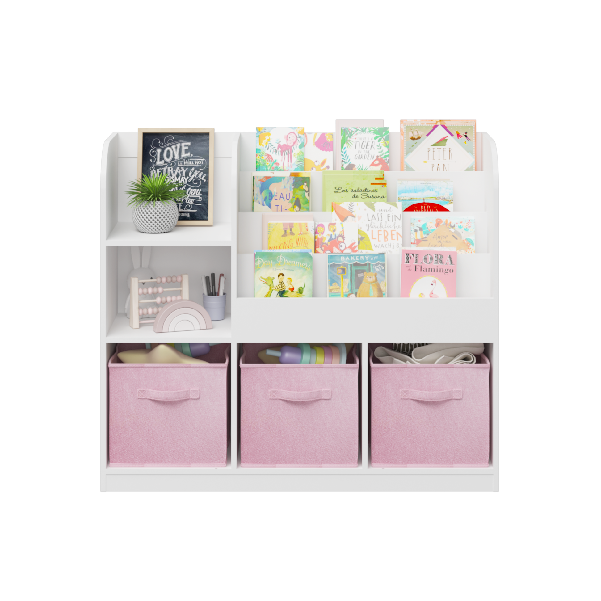 Kids Bookcase And Bookshelf, Multifunctional Bookcase With 3 Collapsible Fabric Drawers, Bookcase Display Stand, Toy Storage Organizer For Bedroom, Playroom, Hallway White Pink White Pink Fabric,Mdf