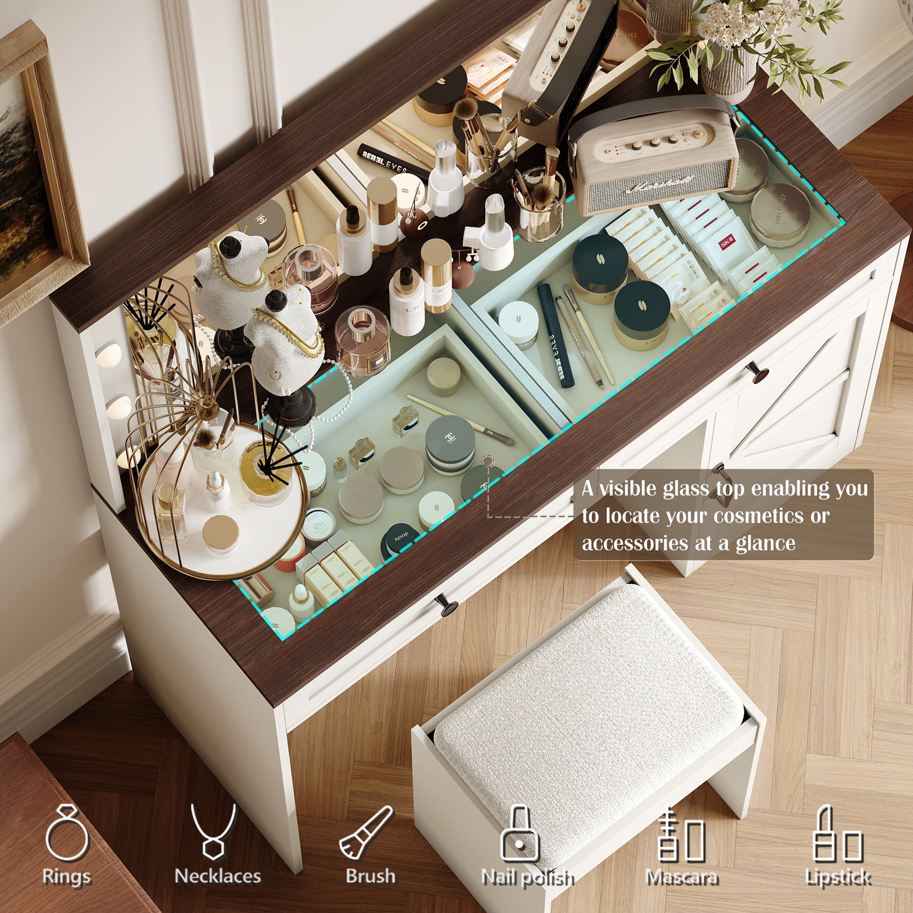 43.4"Makeup Vanity Table, Makeup Table With Large Mirror And 11 Led Lightbrightness Adjustable, Dressing Table Desk With 3 Drawers, Vanity Desk For Women White With Stool White Particle Board