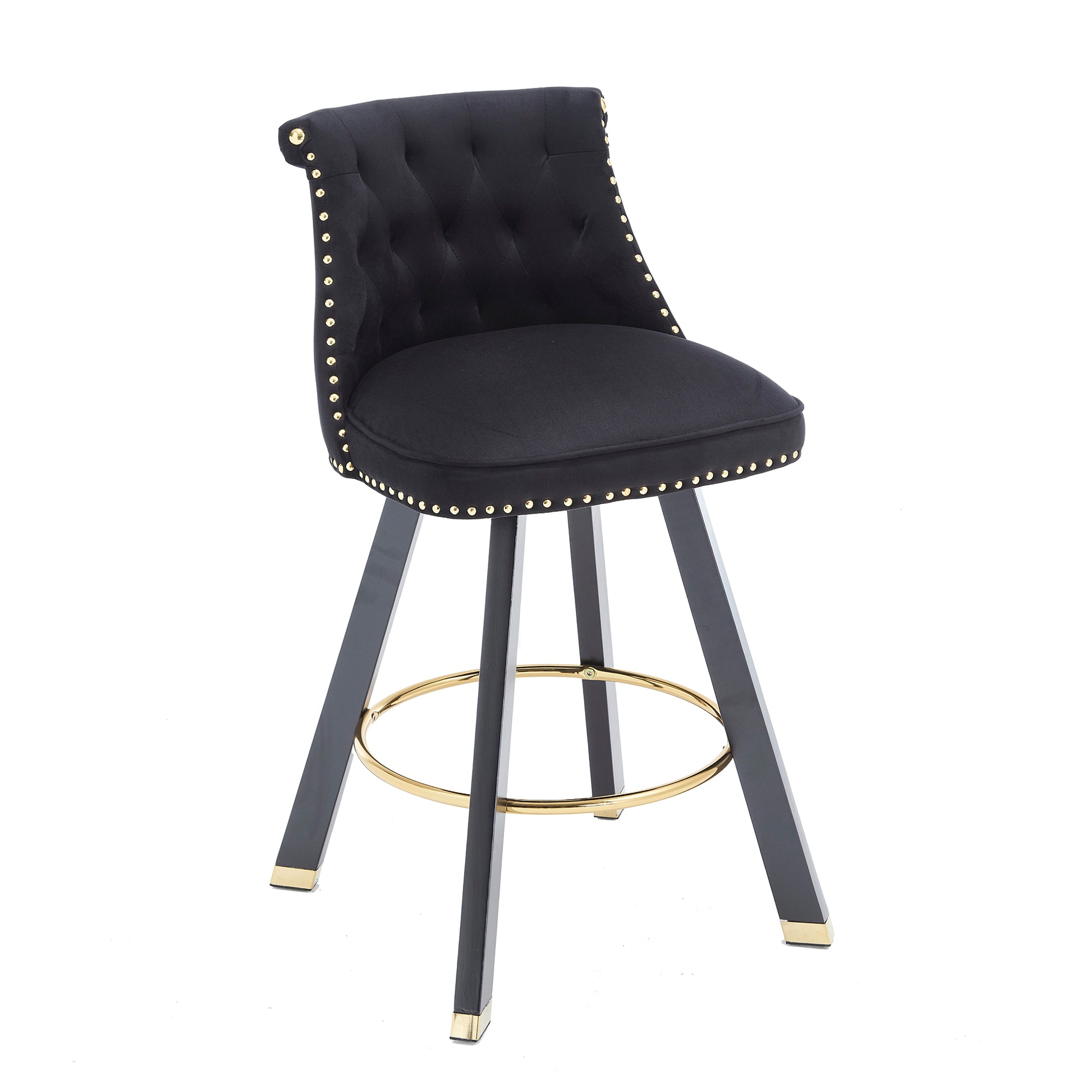 Coolmore Set Of 2,Back Pull Point Design, Velvet Material, 360 Degree Rotation, Back Pull Loop Detachable Design, Rivet Decoration, Square Foot Wooden Bar Chair Black Velvet