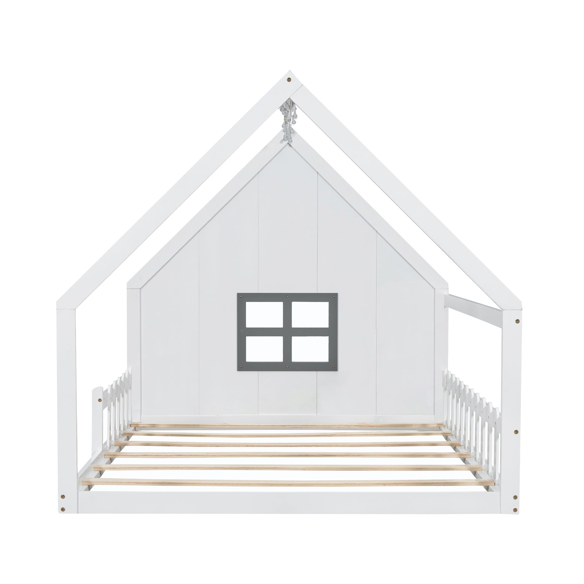 Full Size Wood House Bed With Window And Fence, White Old Sku: Wf304147Aak Box Spring Not Required Full White Wood Bedroom Pine Bed Frame Solid Wood Mdf