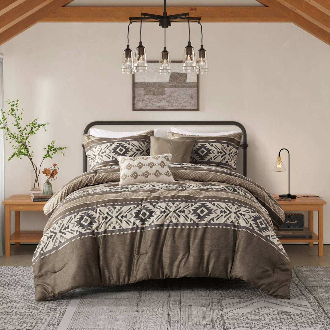 5 Piece Stripe Herringbone Comforter Set With Throw Pillows Brown Full Queen Brown Polyester