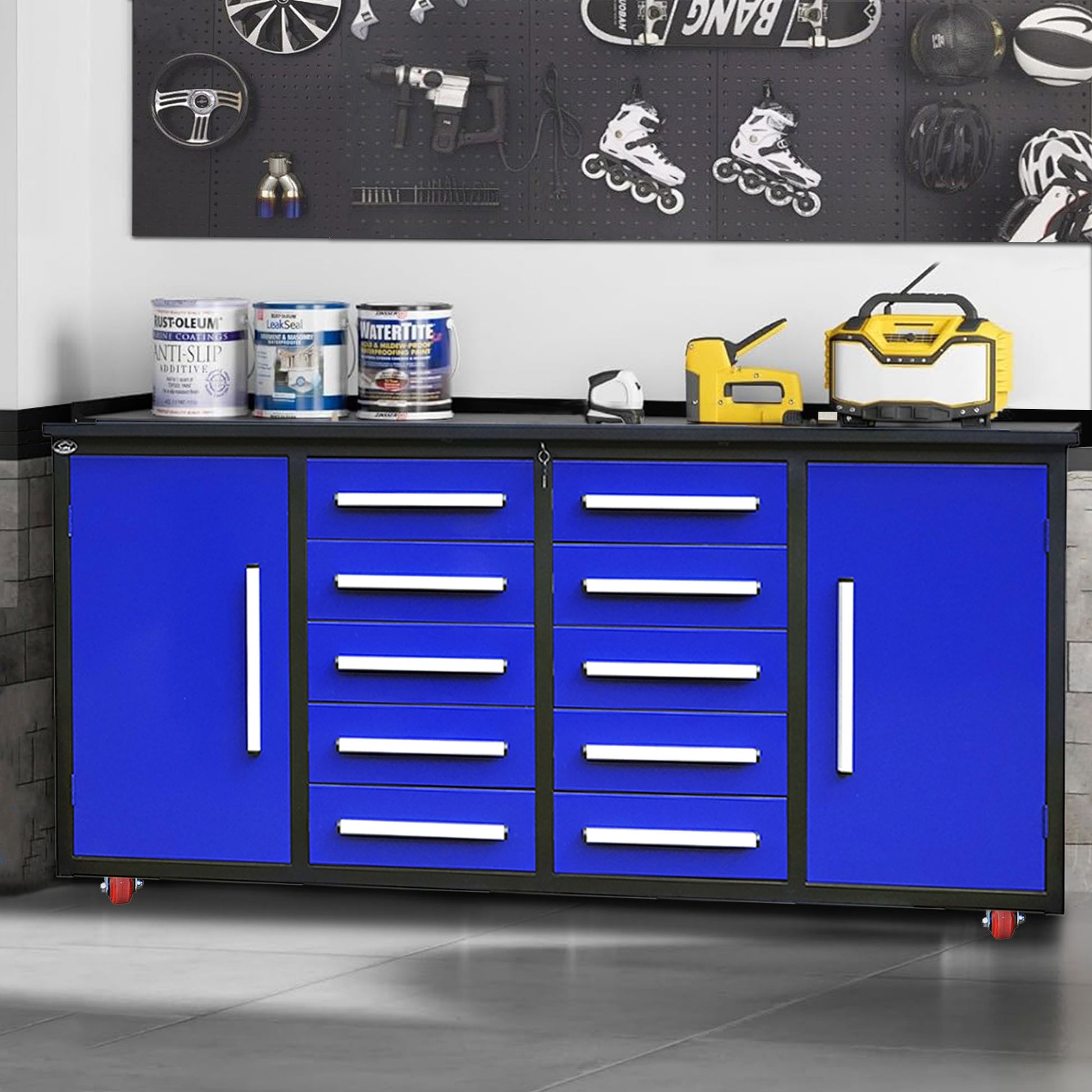 7Ft Storage Cabinets With Workbench 10 Drawers & 2 Cabinets Blue Blue Steel