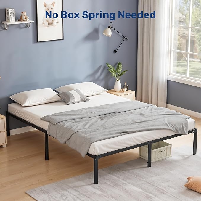 King Size Bed Frame, 14 Inch Platform Bed No Box Spring Needed, Sturdy Metal Bed Frame King Size, Storage Space Under The Bed Heavy Duty Frame Bed, Black Black Metal