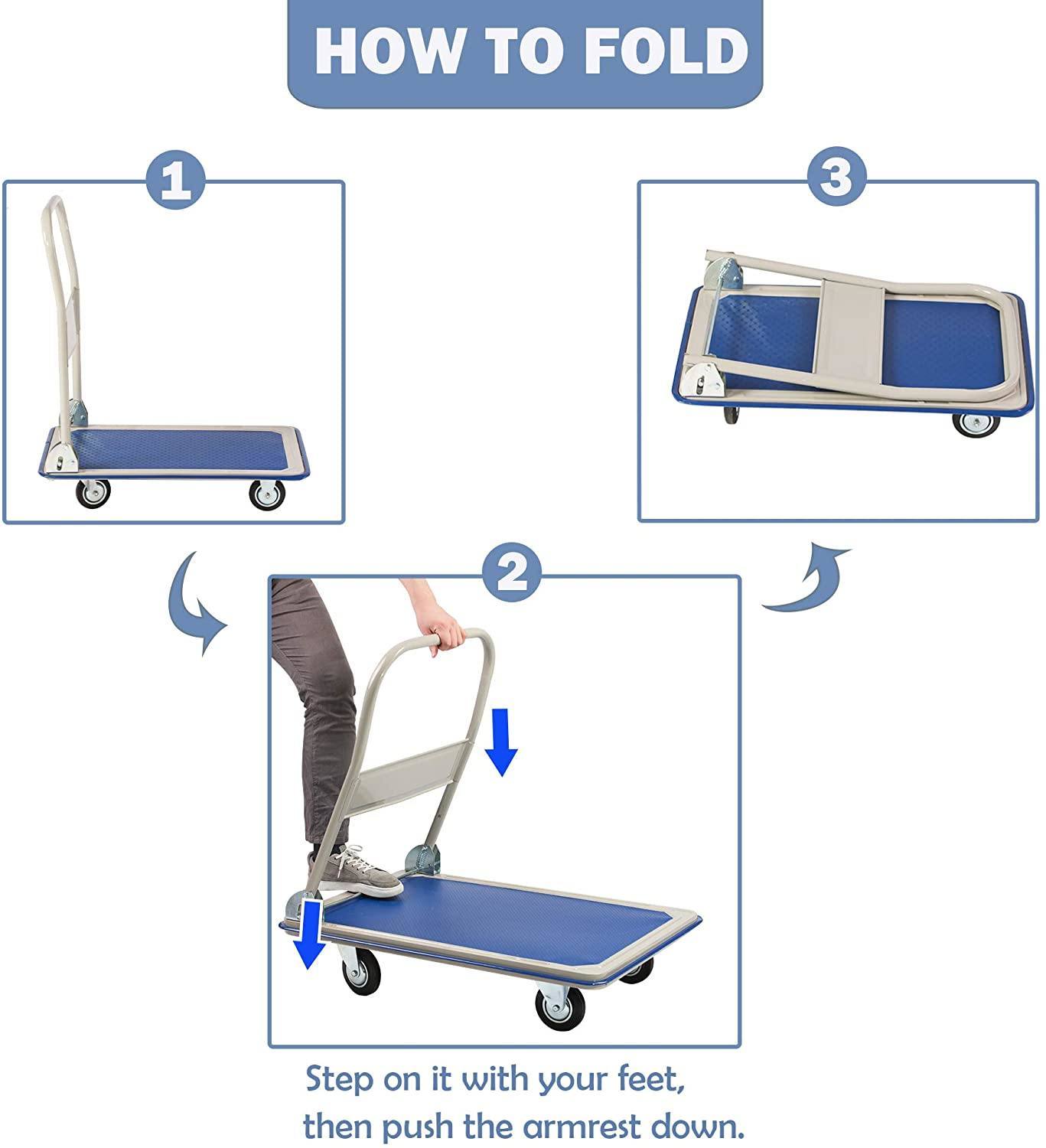Platform Truck Hand Flatbed Cart Dolly Folding Moving Push Heavy Duty Rolling Cart With 4 Wheels, 330 Lbs Weight Capacity Blue Metal
