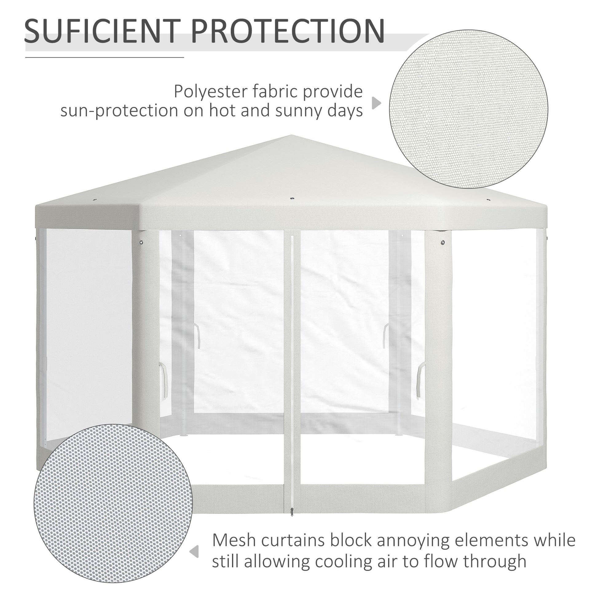 Outsunny 13' X 11' Outdoor Party Tent, Hexagon Sun Shade Shelter Canopy With Protective Mesh Screen Sidewalls, Ropes & Stakes, Cream White White Steel