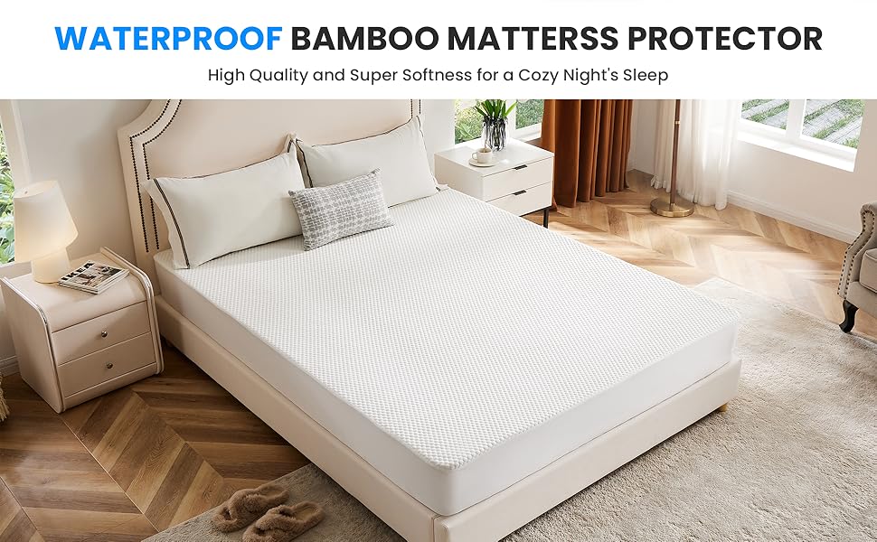 100% Waterproof Bamboo Mattress Protector Full Size Bed White Bamboo Full