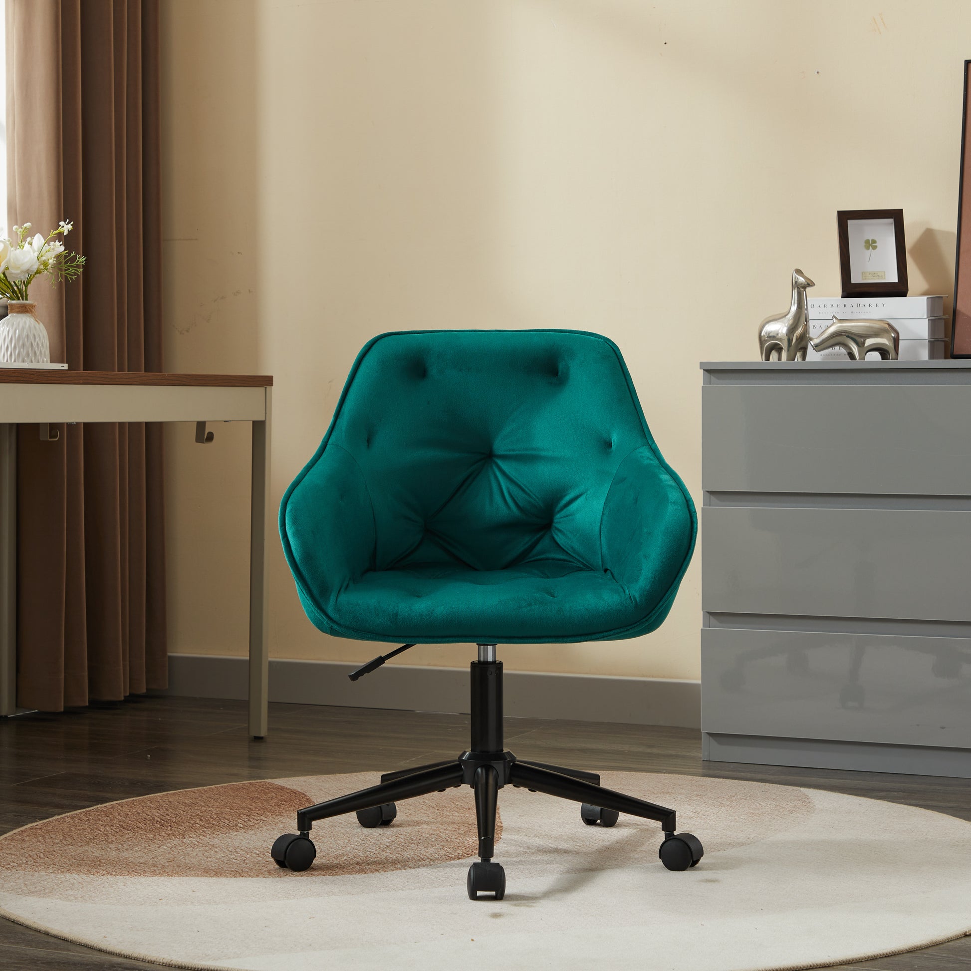 Elegent Velvet Office Chair With Wheels, Makeup Vanity Chair Height Adjustable For Teens Women Girls, Comfy Swivel Modern Leisure Armchair For Home Office, Bedroom, Study And Vanity. Green Green Primary Living Space Luxury,Modern Foam Iron