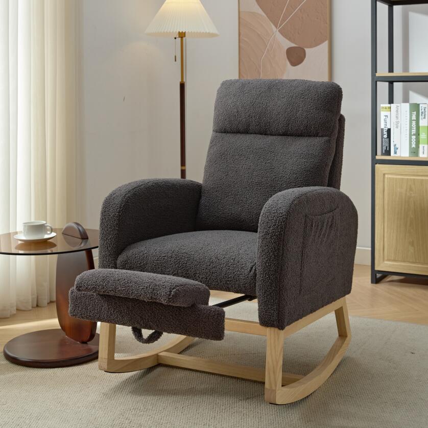 Modern Accent Rocking Chair Rocking Chair With Solid Wood Legs, Upholstered Nursery Glider Rocker, Comfy Armchair With Side Pocket, Living Room Lounge Arm Chair With High Backrest Teddy Gray Polyester Blend