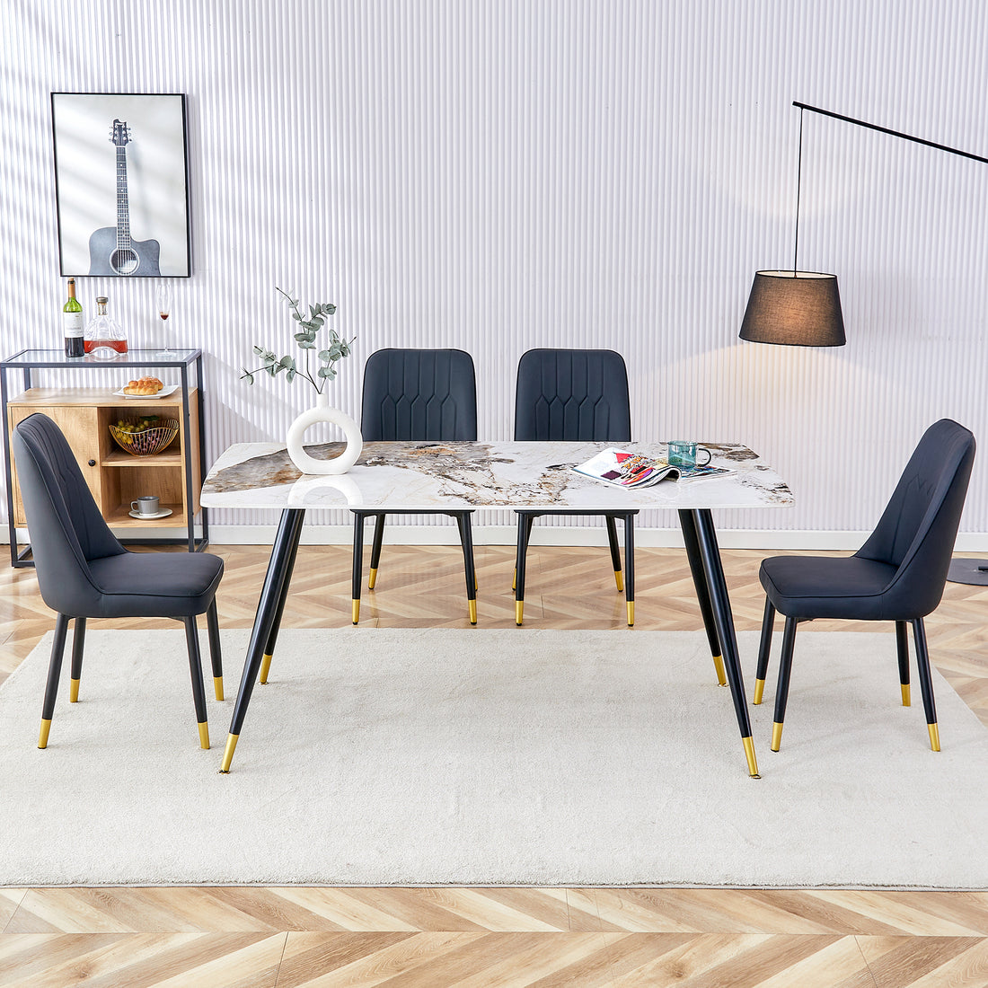 Modern Minimalist Dining Table. Imitation Marble Patterned Stone Burning Tabletop With Black Metal Legs.Modern Dining Chair With Pu Artificial Leather Backrest Cushion And Black Metal Legs.F 001 C 007 Black Gold Sintered Stone
