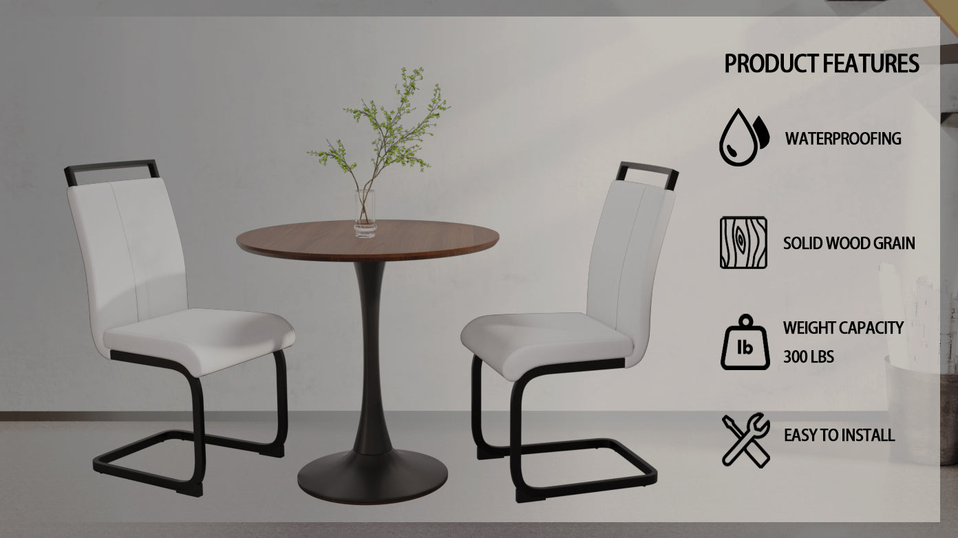 Walnut Circular Dining Table, 31.5 "Tulip Dining Table, Kitchen Dining Table For 2 4 People, Mdf Tabletop And Base, And 2 White Pu Black Metal Leg Dining Chairs Set 2 Walnut Mdf