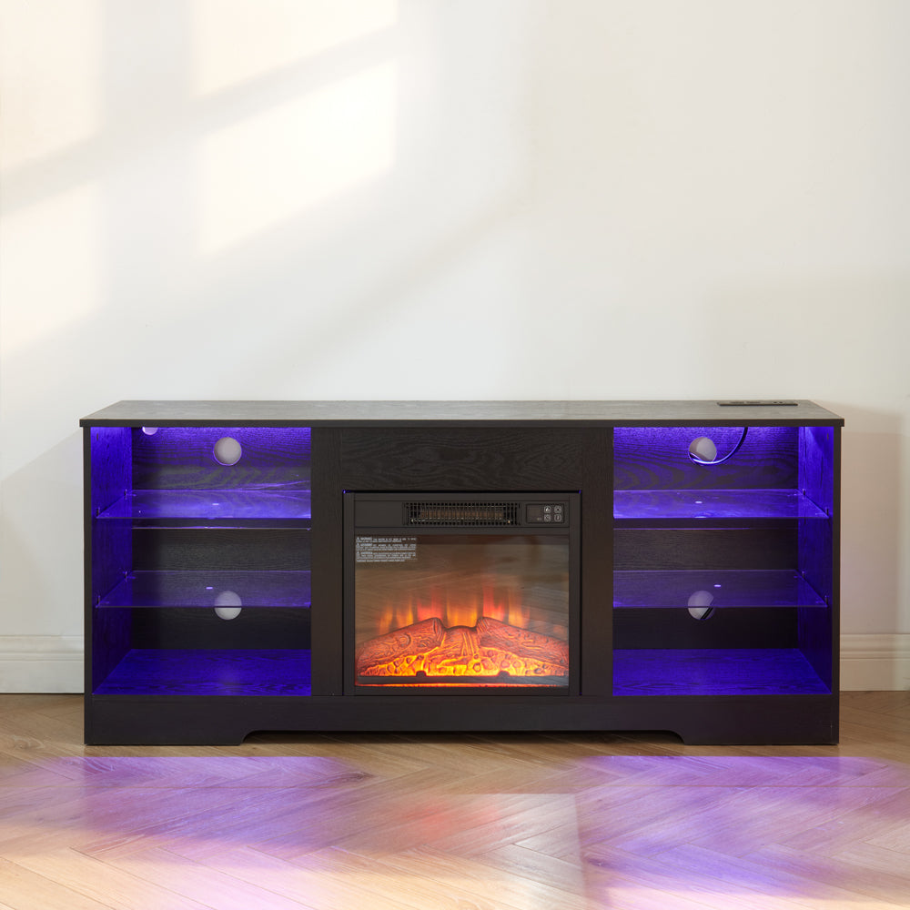 Tv Stand Electric Fireplace Glass Shelves, 3D Fireplace Tv Stand With Led Lights Wood With Usb Charging Outlet Modern Television Table Center For Tv Up To 62" Black 58''W*15.5''D*24.4 Black 50 59