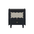 Wooden Nightstand With Rattan Woven Storage Cabinet And 1 Drawer, Exquisite Elegance With Natural Storage Solutions For Bedroom, Black Black 1 Drawer Wood
