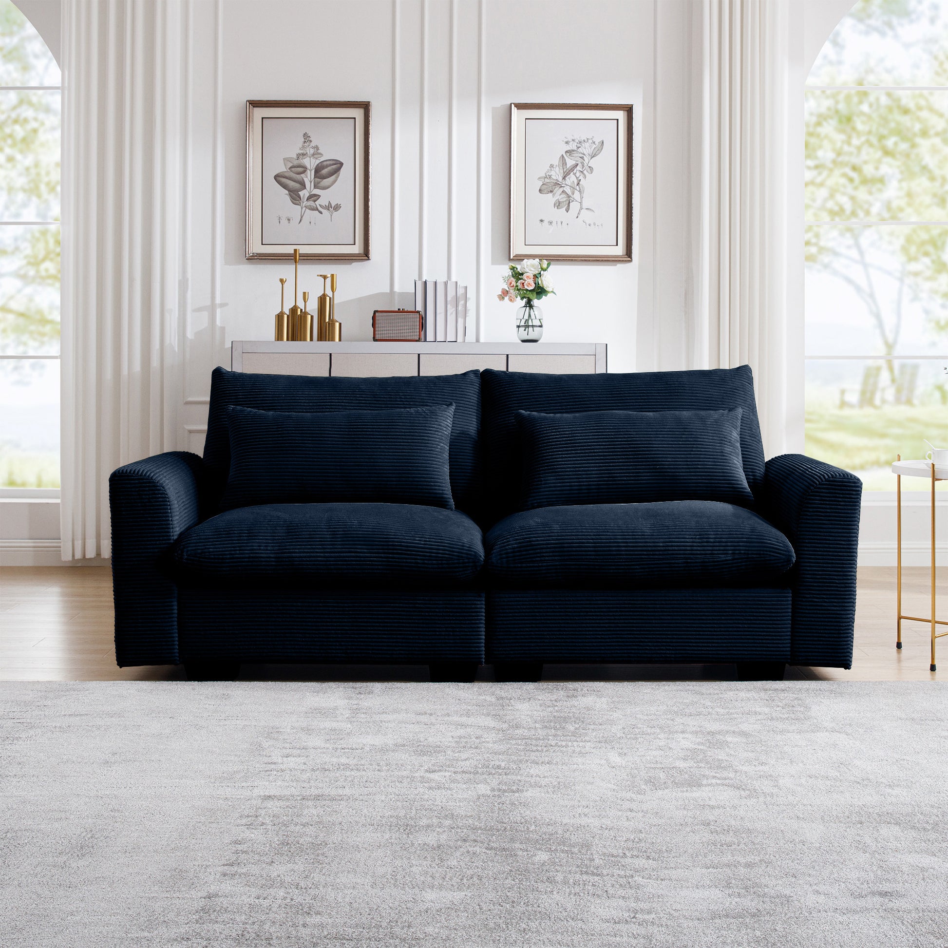 Modern Sofa 2 Seater Corduroy Fabric Sofa With Armrests For Apartment Living Room, Bule Blue Corduroy 2 Seat