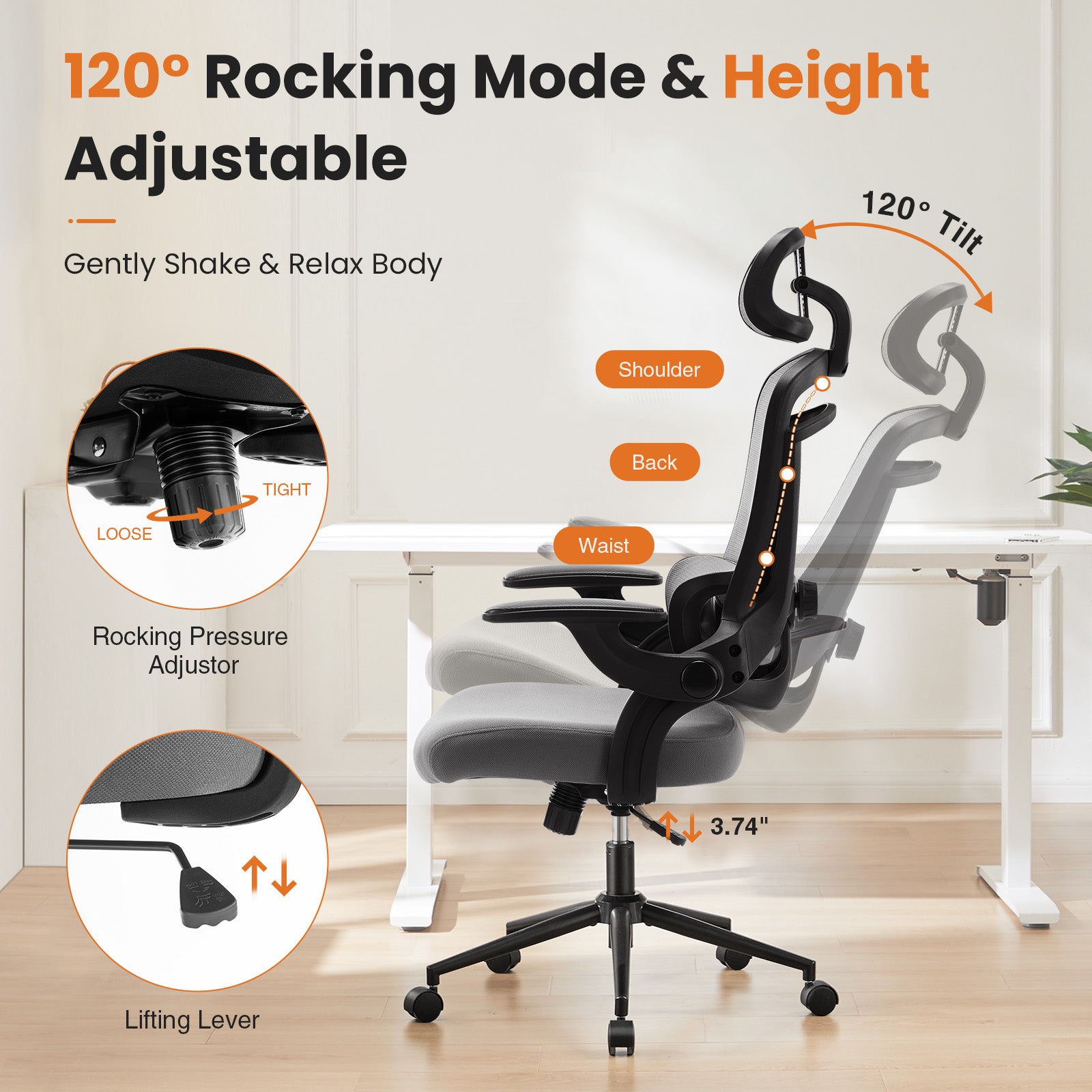 High Back Desk Chair With Adjustable Lumbar Support & Headrest,Comfortable Mesh Computer Chair With Soft Flip Up Arms, Adjustable Height And 120 Tilt,Gray Gray Abs Pc