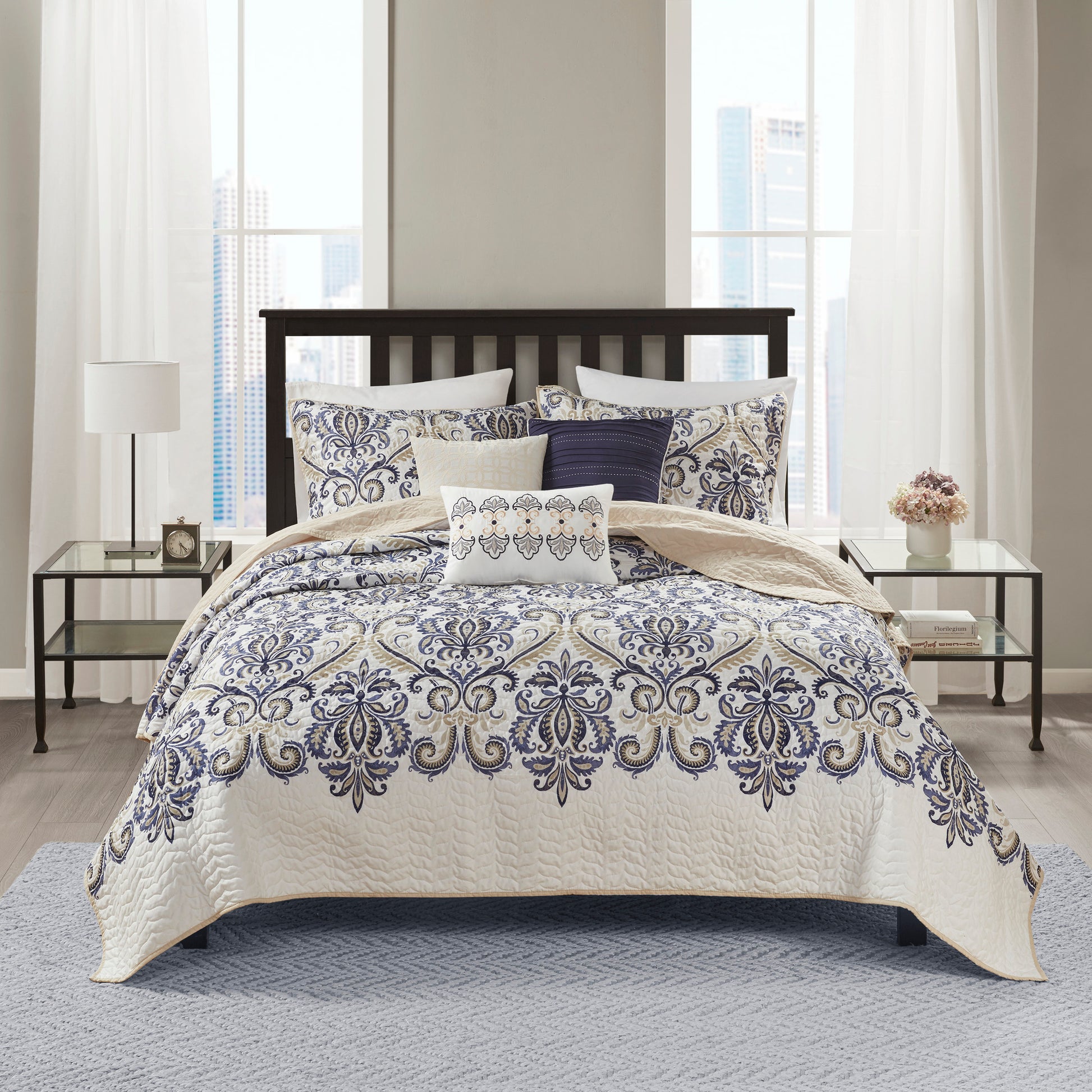 6 Piece Reversible Quilt Set With Throw Pillows Navy Tan Full Queen Full Navy Cotton
