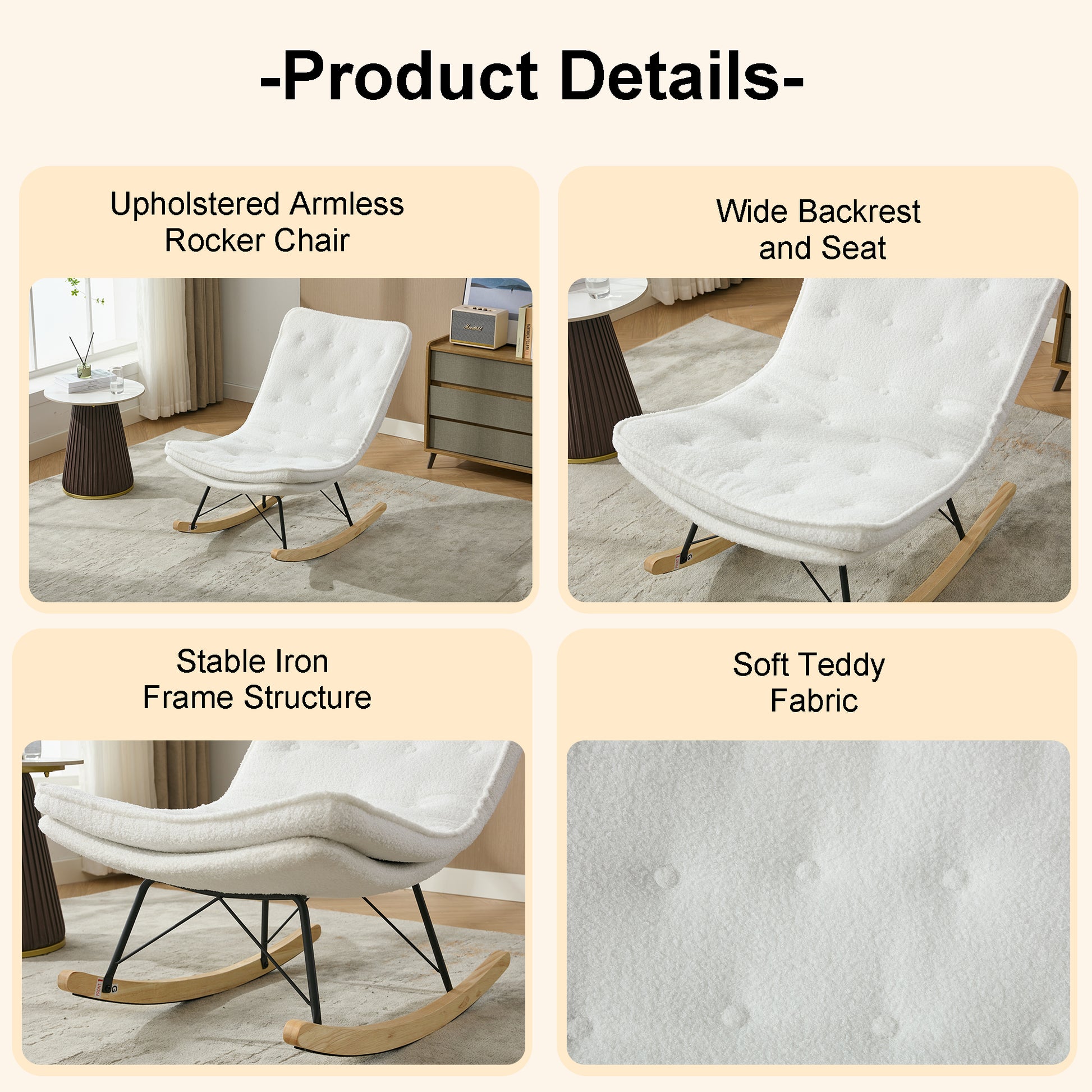 Lazy Rocking Chair,Comfortable Lounge Chair With Wide Backrest And Seat Wood Base, Upholstered Armless Rocker Chair For Living Room, Balcony,Bedroom And Patio Porch. White Cushion Iron White Primary Living Space Sponge Square Casual Rocking Chairs