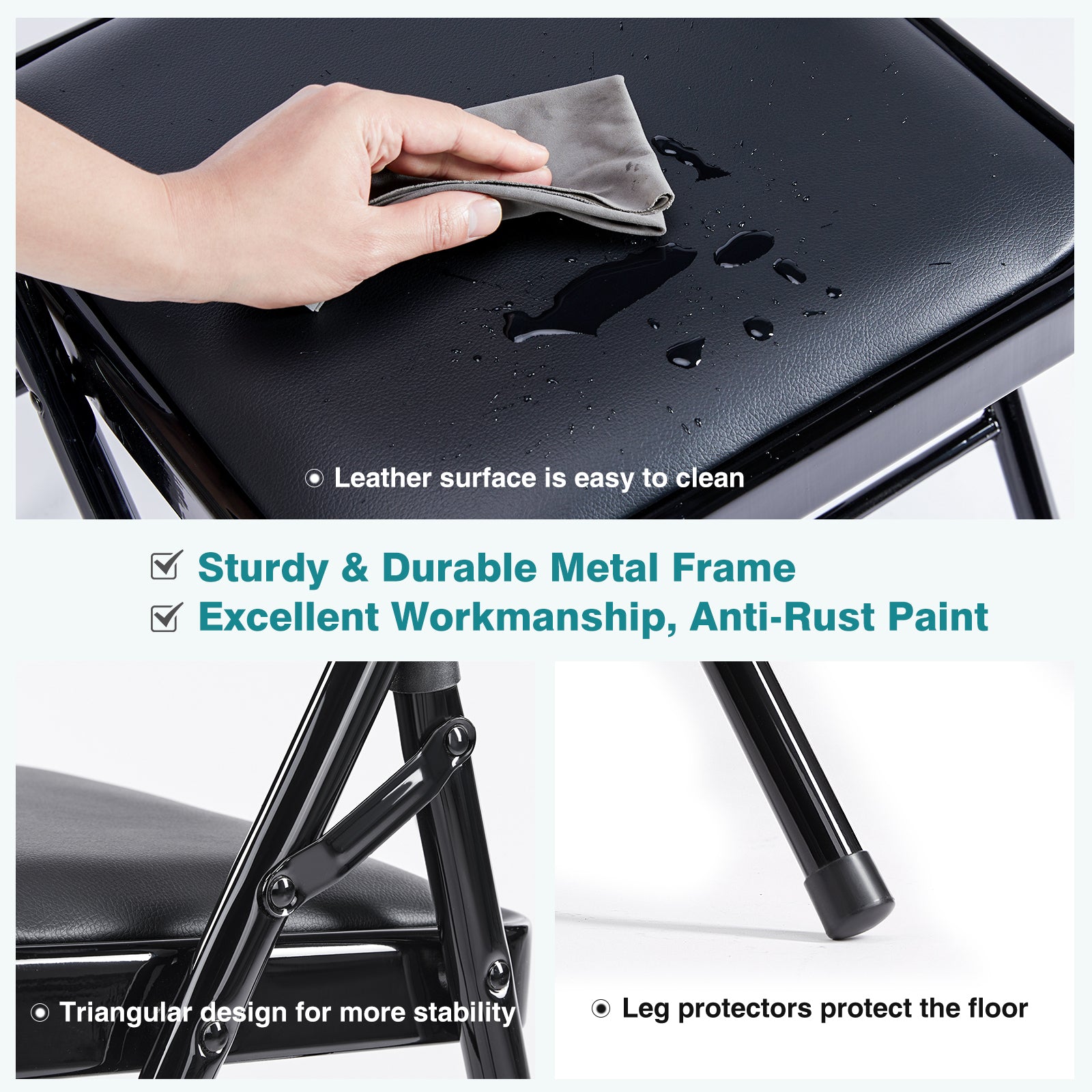 Folding Chair 2 Pack, Leather Padded Folding Chairs, Sturdy Metal Foldable Chairs, For Home, Office, Party, Black 4 Pack Black Stainless Steel