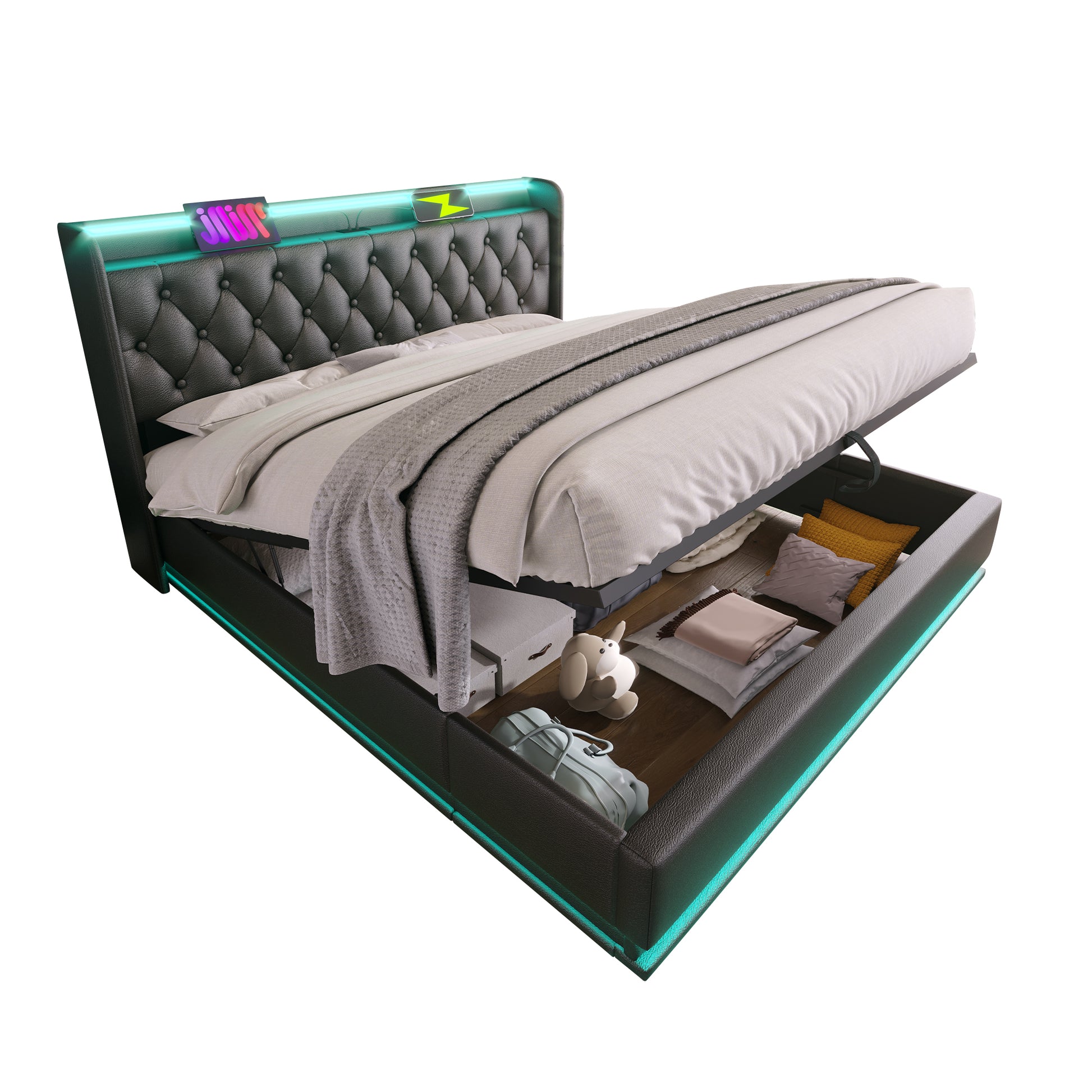 Full Size Upholstered Bed, 360 Surround Led Function, Buttons Apps Remote Control, Hydraulic Storage Bed With Usb Type C Charging, Black,Pu Without Mattress Full Black Pu