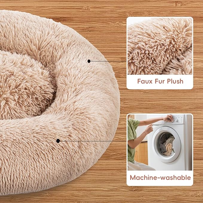 20 Inch Donut Dog Bed, Calming Bed For Dogs, Brown Cat Bed Washable, Round Dog Donut Bed Washable, Plush Fur Dog Bed, Dog Cuddle Bed Brown Faux Fur