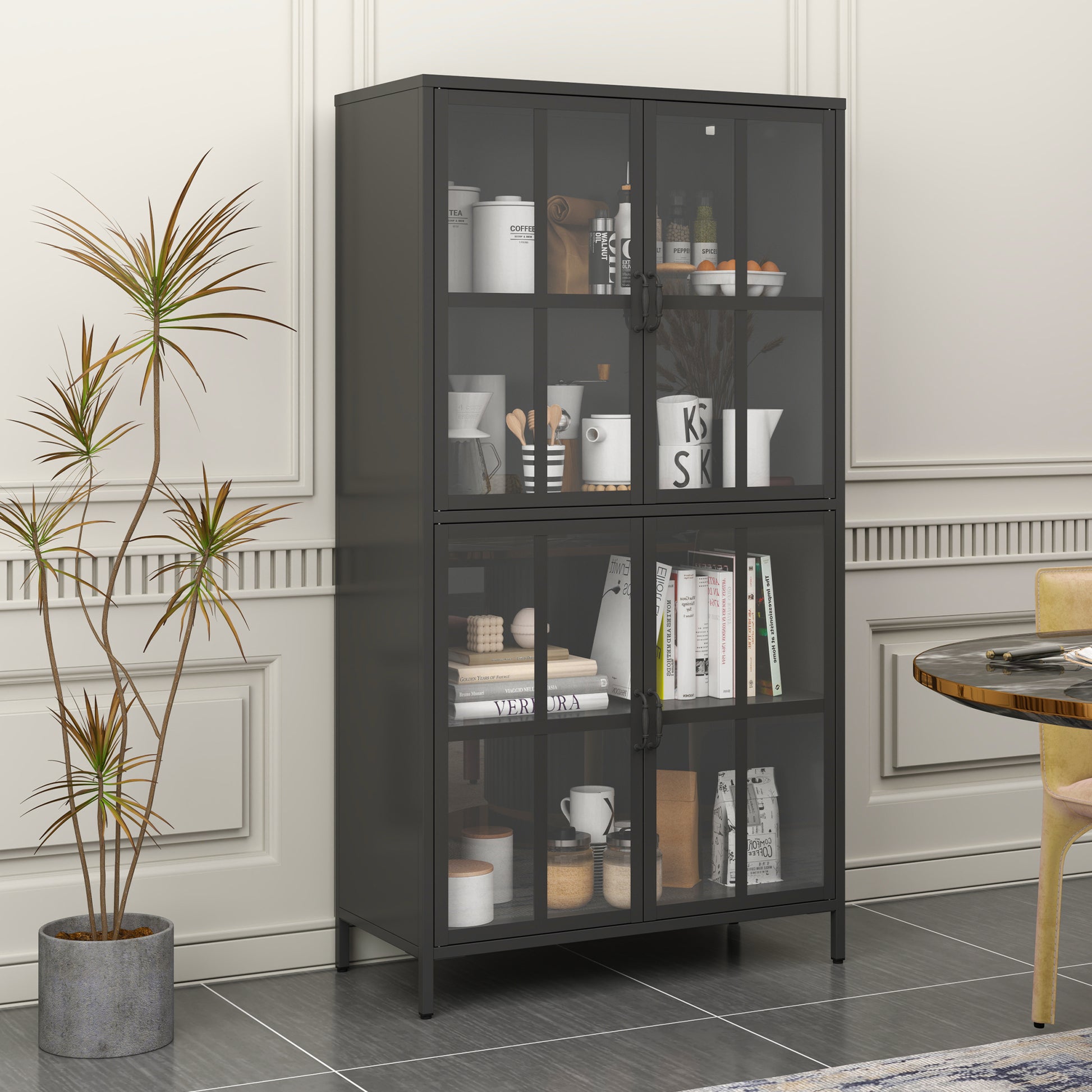 Premium Black Metal Storage Cabinet With Tempered Glass Doors, Adjustable Shelves, Anti Tipping Device, Magnetic Silent Closure, And Adjustable Feet For Home And Office Use Accent Chests 3 4 Spaces