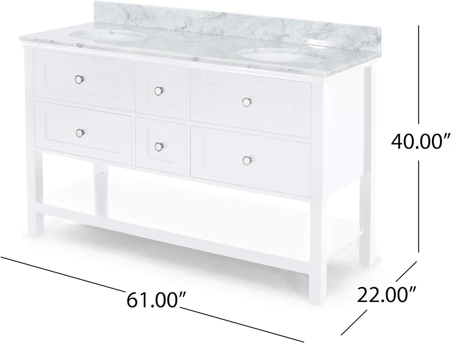 61'' Bathroom Vanity With Marble Top & Double Ceramic Sinks, 4 Drawers, Open Shelf, White White Plywood