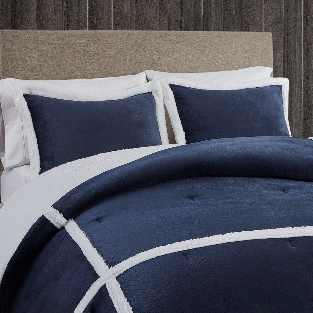 Plush To Sherpa Comforter Set Queen Navy Polyester