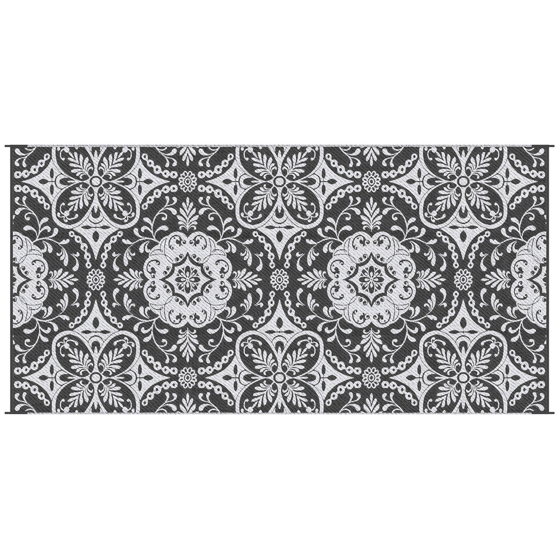 Outsunny Reversible Outdoor Rug, 9' X 18' Waterproof Plastic Straw Floor Mat, Portable Rv Camping Carpet With Carry Bag, Large Floor Mat For Backyard, Deck, Picnic, Beach, Gray & White Floral Multicolor Polypropylene