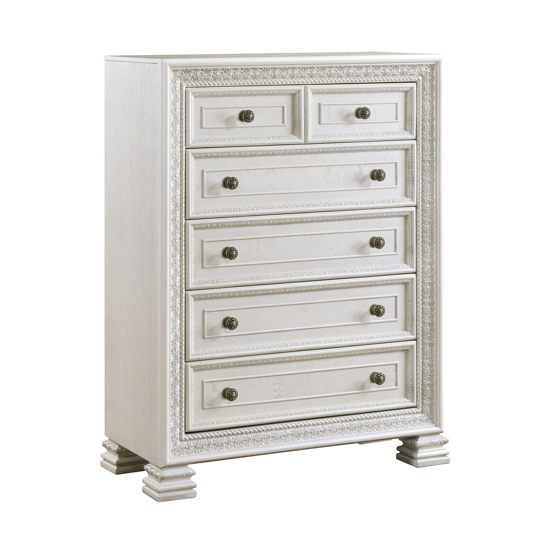 Classic Luxury Pearl White Finish Chest Of 5X Drawers Wooden Bedroom Furniture 1Pc, Dart Molding Design White Wood