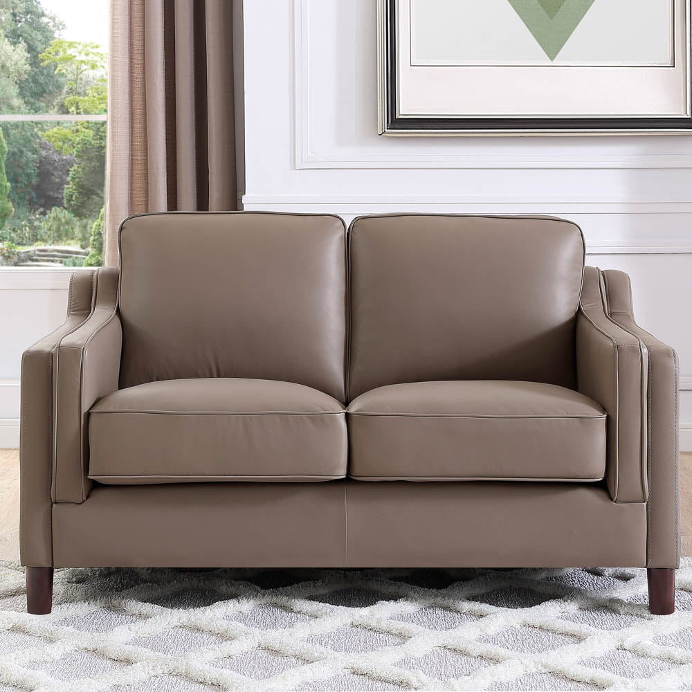 Bella Top Grain Leather Loveseat Taupe Brown Genuine Leather Wood Primary Living Space Medium Firm Cushion Back Mid Century Modern Eucalyptus Square Arms Down Filling Leather