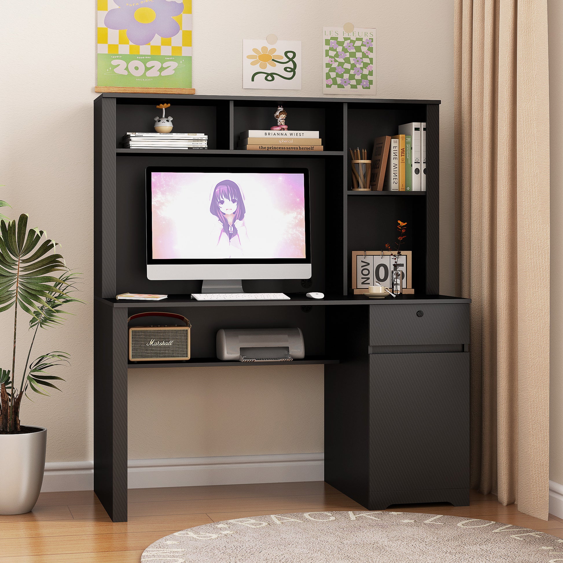 Computer Desk With Hutch & Bookshelf,Wood Executive Desk Teens Student Desk Writing Laptop Home Office Desk With Drawers,3 Ac Outlets And 2 Usb Charging Ports,Study Laptop Table For Home Black Black Mdf